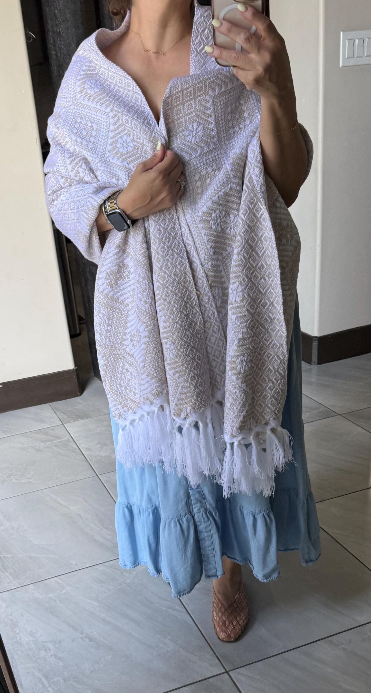 Traditional Handwoven Mexican Rebozo Shawl from Puebla |White & Khaki Loom-Woven Shawl | 80x28 in | CasaArtMex