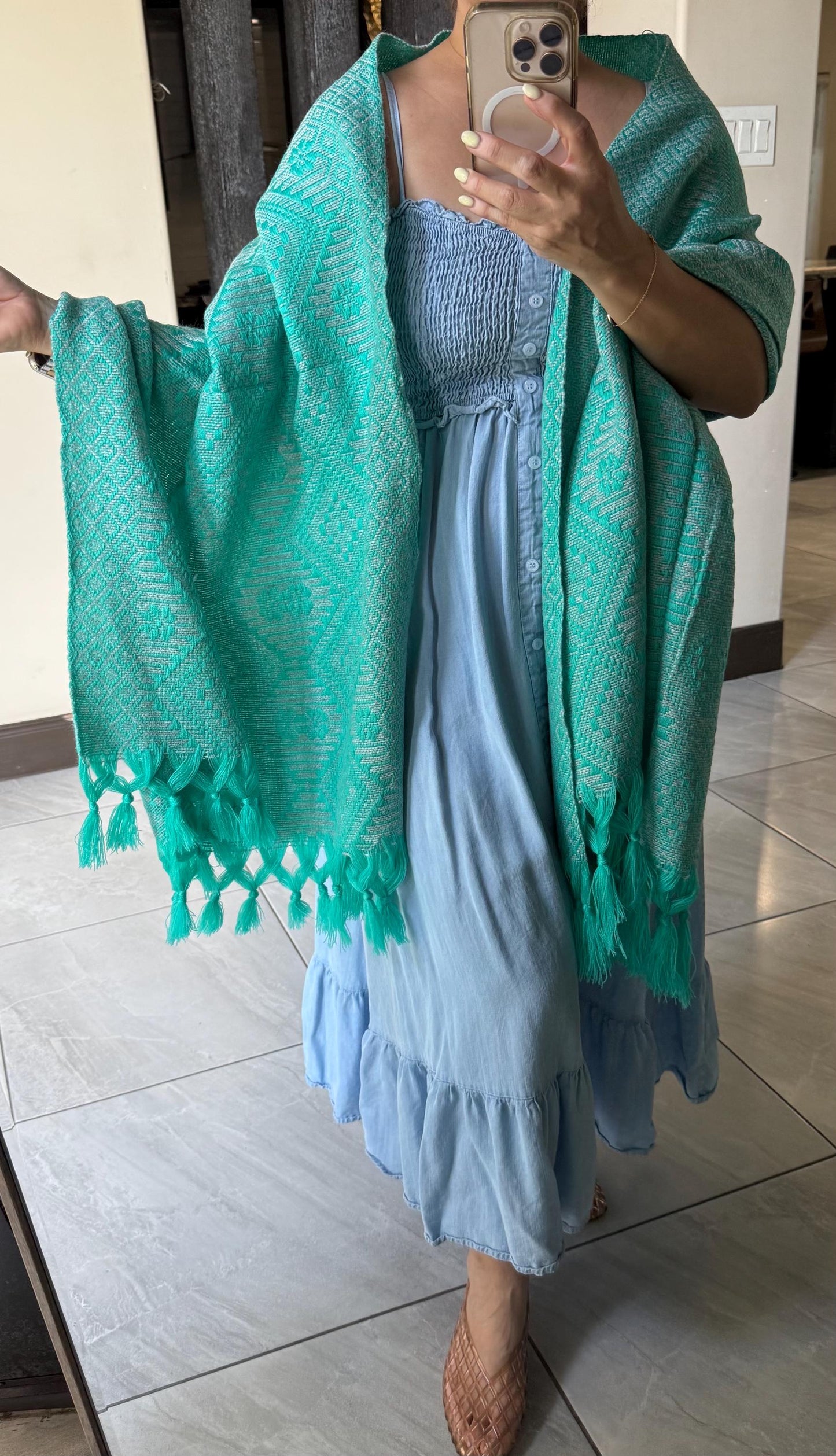 Mexican Rebozo Shawl Turquoise – Handwoven Artisan Wrap – Authentic Mexican Scarf from Puebla