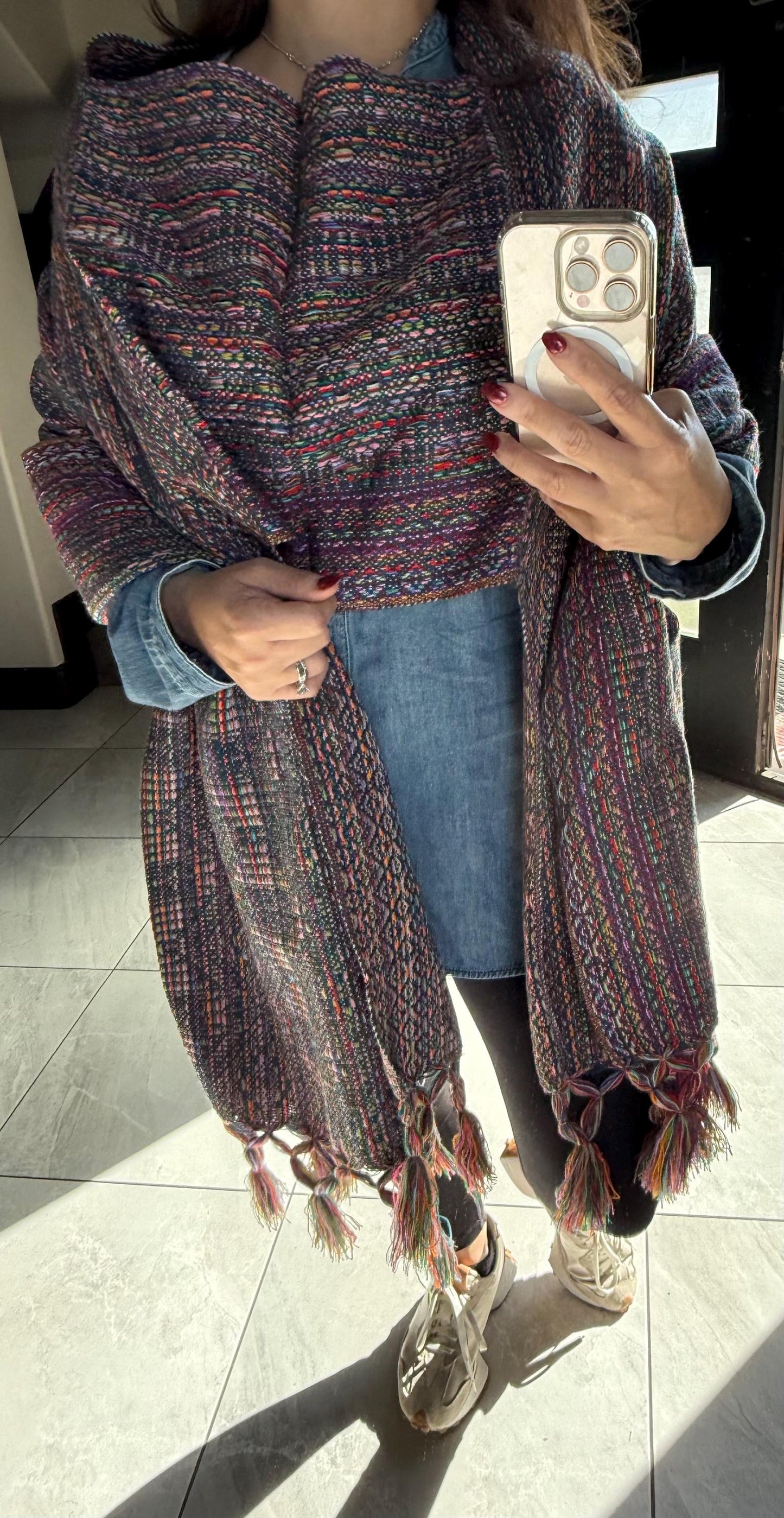 Mexican Rebozo with front panel – Dark Blue |  Multicolor Shawl from Puebla | 80x28 in | CasaArtMex
