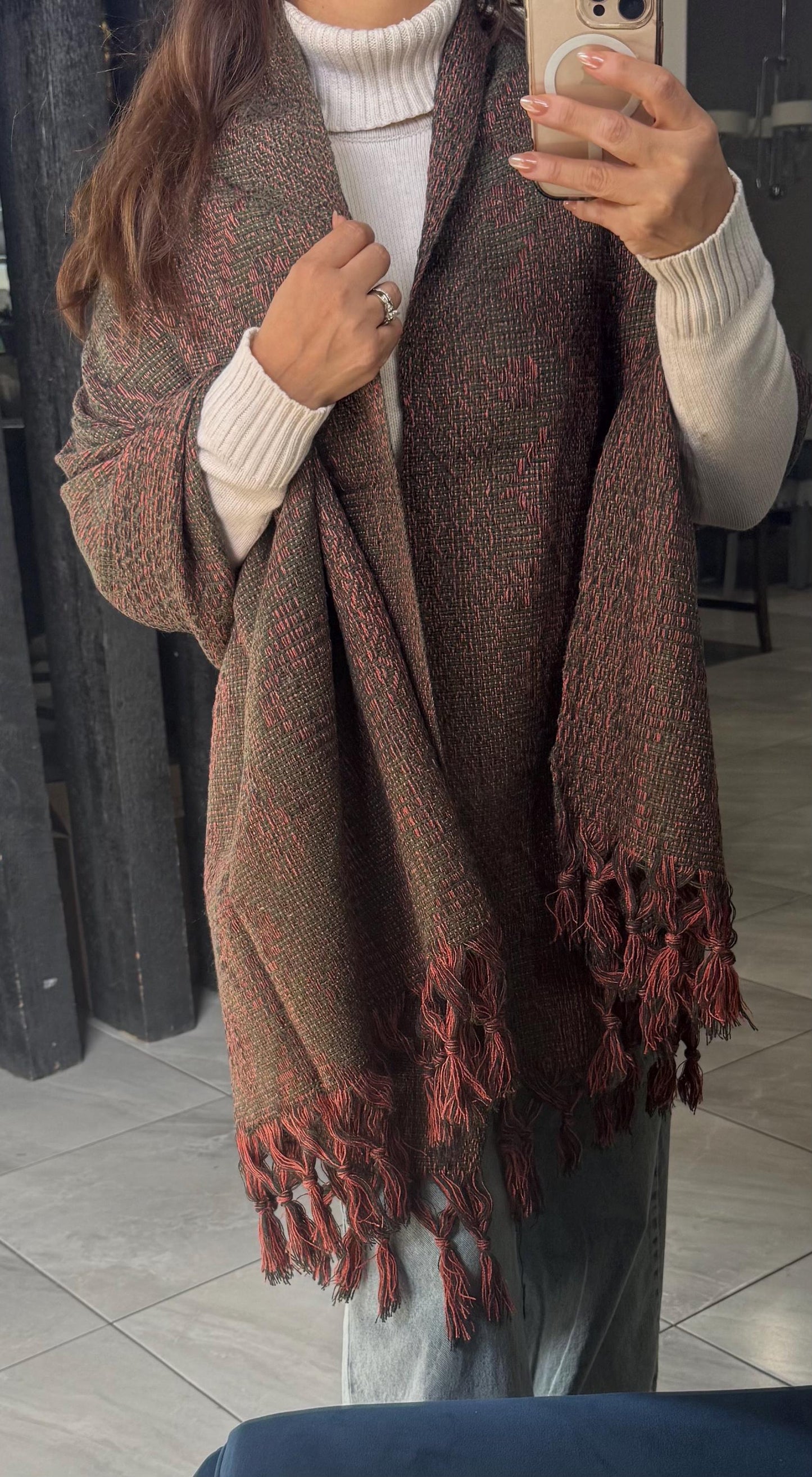 Handwoven Mexican Rebozo Shawl – Charcoal, Green & Peach, Puebla Artisan Craft
