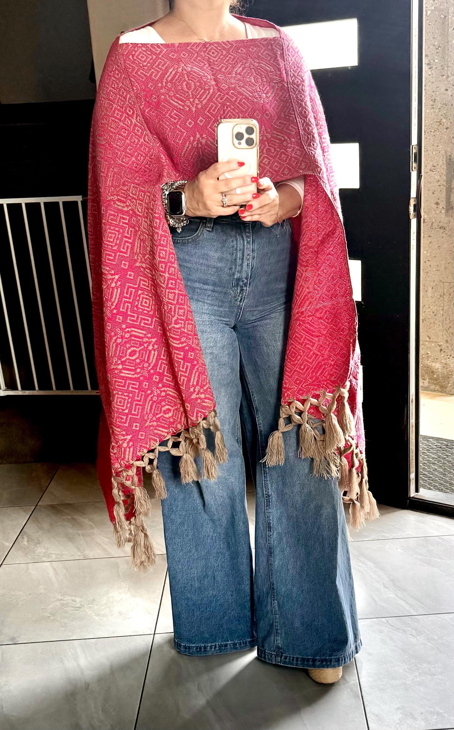Mexican Rebozo Shawl Pink & Khaki – Handwoven Artisan Wrap – Authentic Mexican Scarf from Puebla with front panel ( pechera)