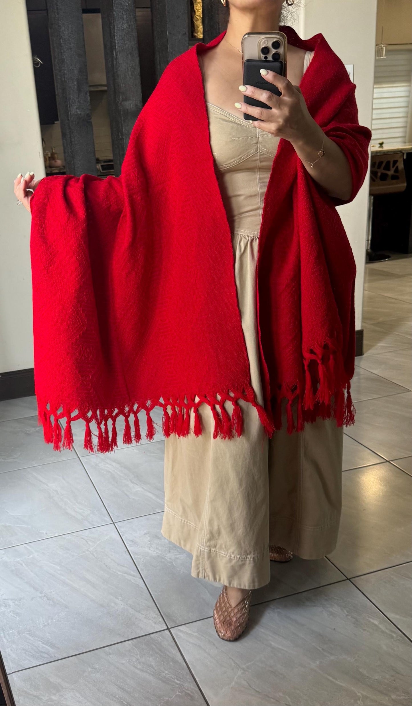 Traditional Handwoven Mexican Red Rebozo Shawl from Puebla | Loom-Woven Shawl | 80x28 in | CasaArtMex