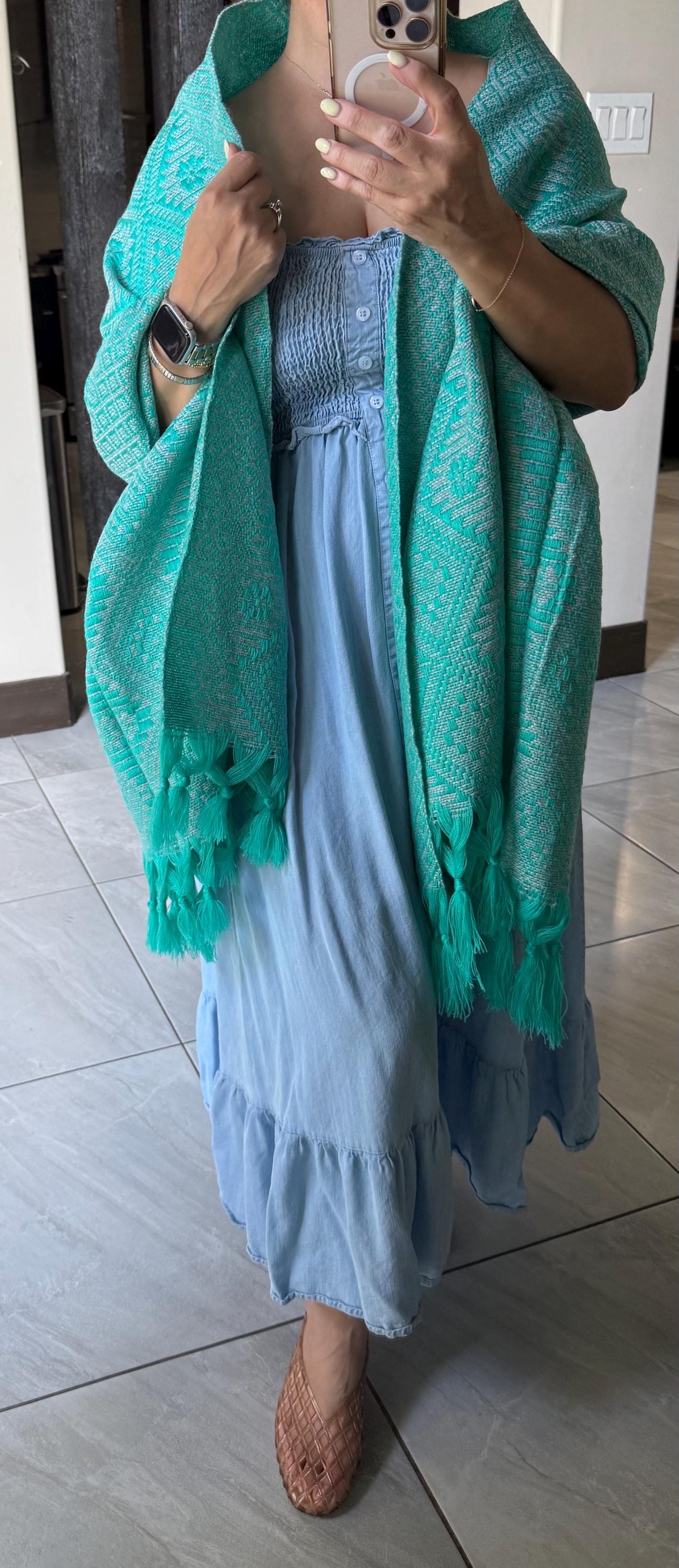 Mexican Rebozo Shawl Turquoise – Handwoven Artisan Wrap – Authentic Mexican Scarf from Puebla