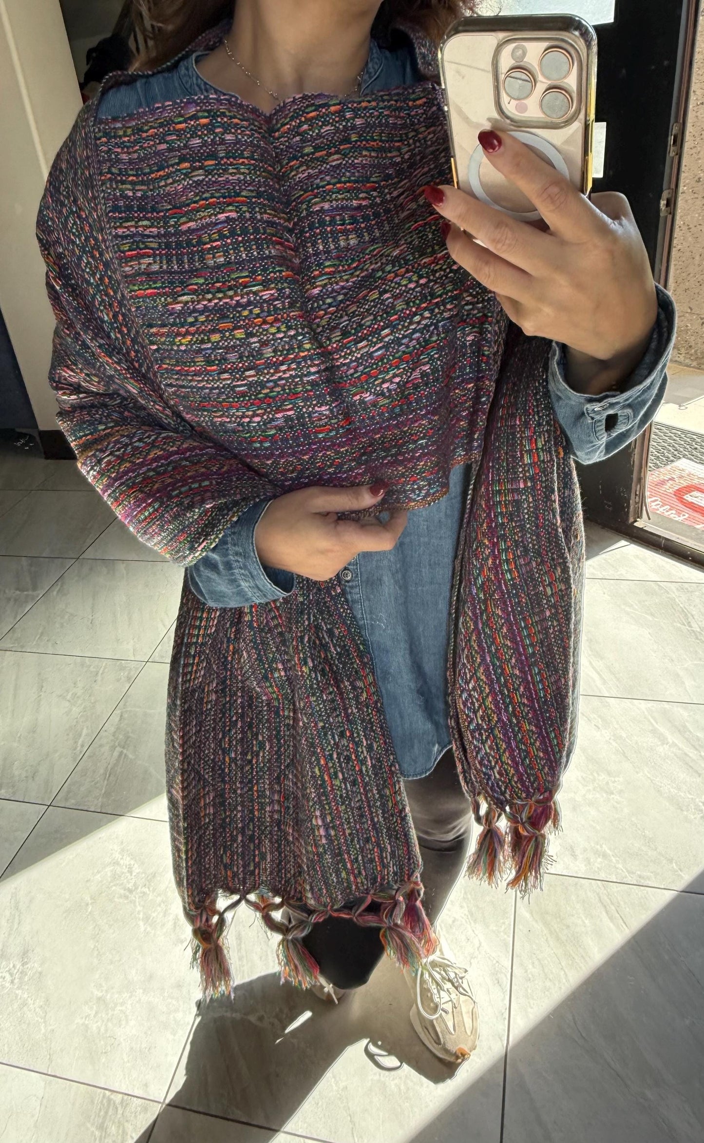 Mexican Rebozo with front panel – Dark Blue |  Multicolor Shawl from Puebla | 80x28 in | CasaArtMex