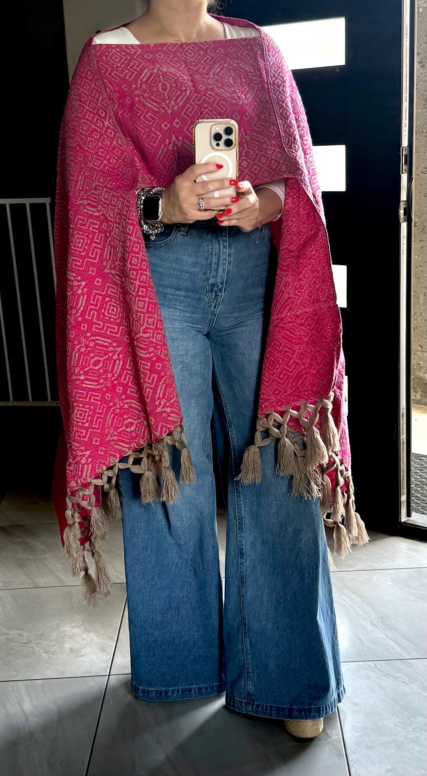 Mexican Rebozo Shawl Pink & Khaki – Handwoven Artisan Wrap – Authentic Mexican Scarf from Puebla with front panel ( pechera)