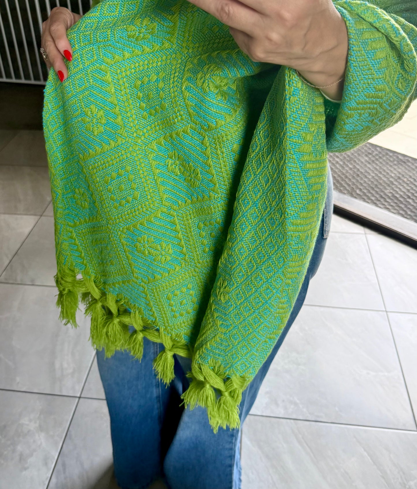 Mexican Rebozo Shawl Green & Turquoise Handwoven Artisan Wrap – Authentic Mexican Scarf from Puebla