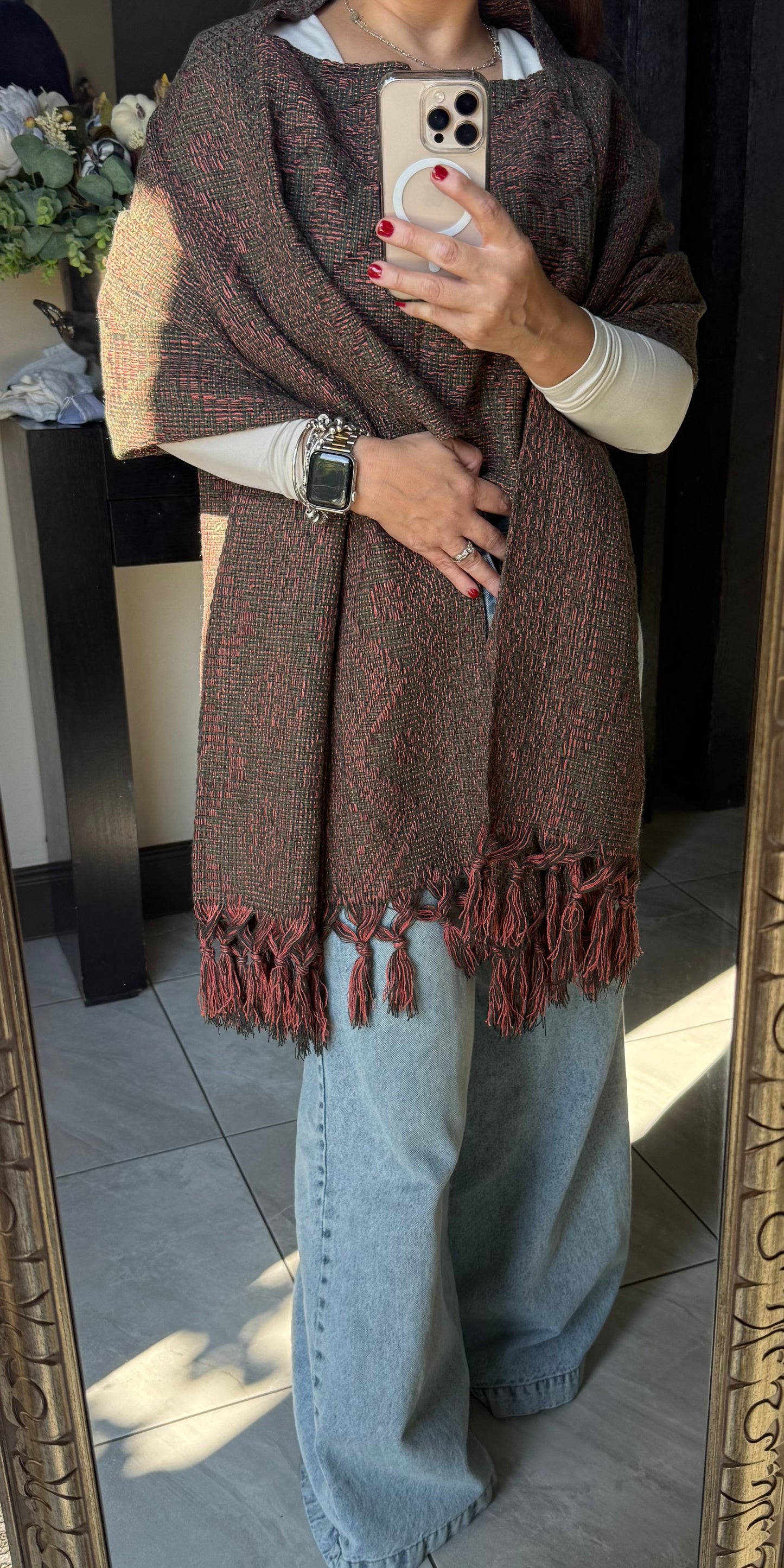 Mexican Woven Rebozo with Chest Panel – Artisan-Made Traditional Shawl – Unique Design (Copy)