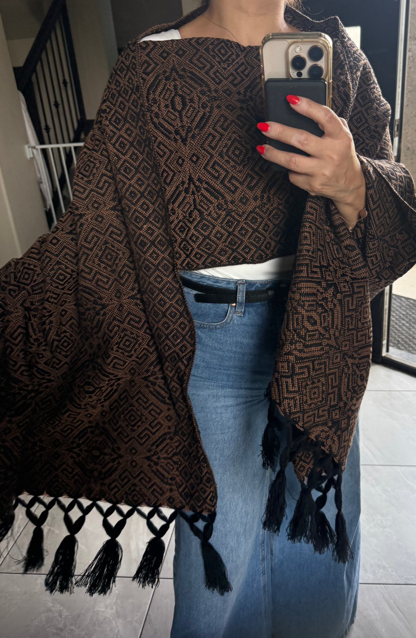 Handwoven Mexican Rebozo – Black and Brown Shawl from Puebla | 80x28 in | CasaArtMex