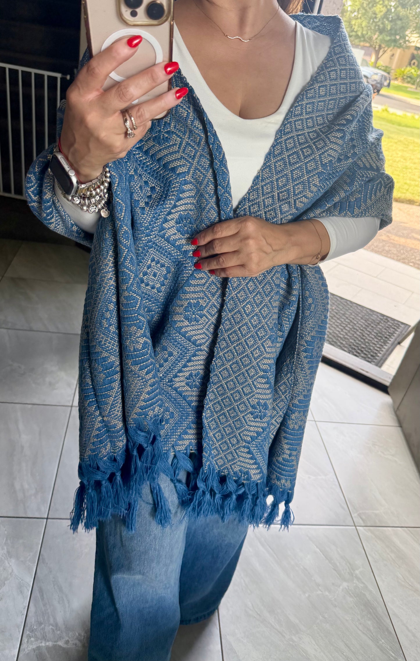 Traditional Handwoven Mexican Rebozo Shawl from Puebla | Blue & Ivory Shawl | 80x28 in | CasaArtMex (Copy)
