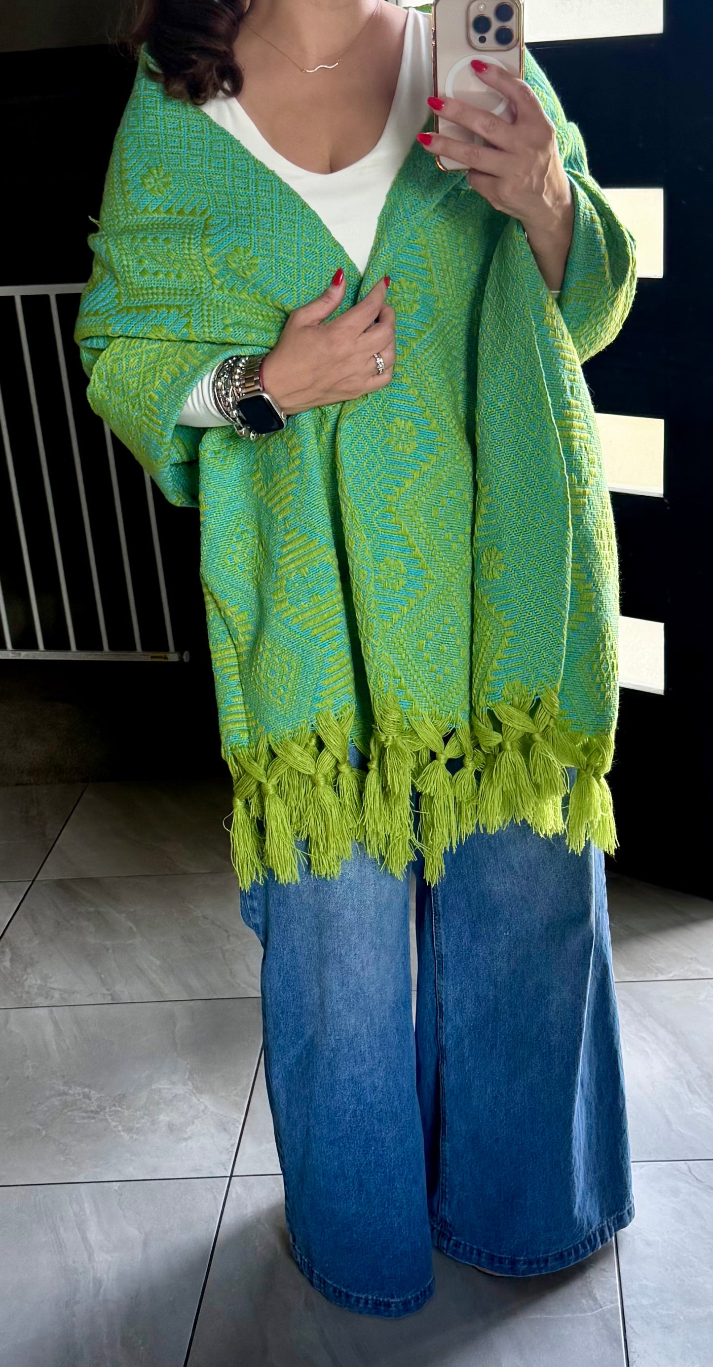 Mexican Rebozo Shawl Green & Turquoise Handwoven Artisan Wrap – Authentic Mexican Scarf from Puebla
