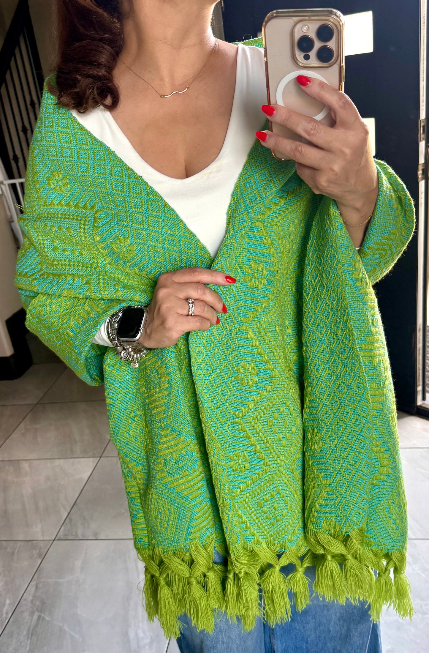Mexican Rebozo Shawl Green & Turquoise Handwoven Artisan Wrap – Authentic Mexican Scarf from Puebla
