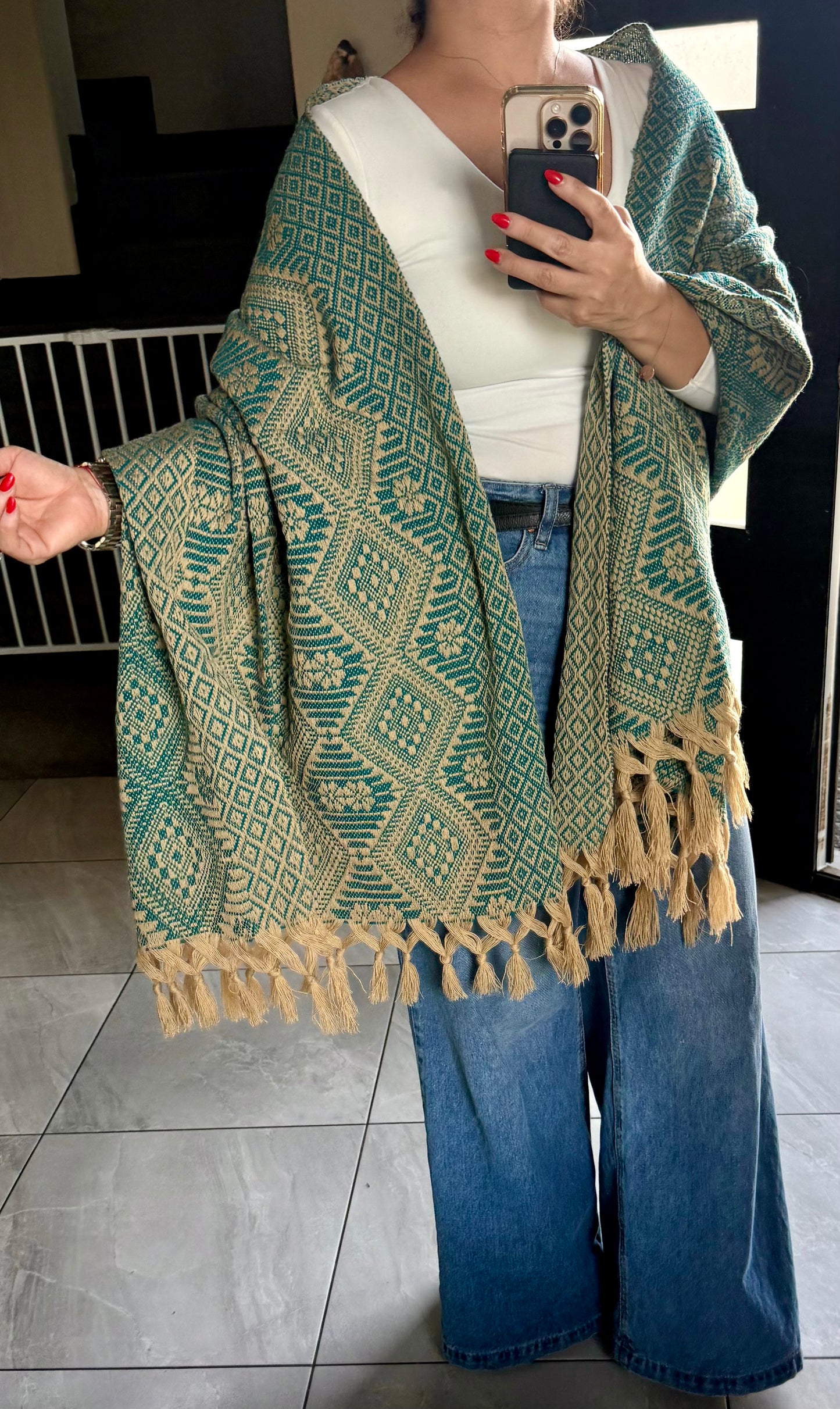 Traditional Handwoven Mexican Rebozo Shawl from Puebla | Khaki and Green | 80x28 in | CasaArtMex