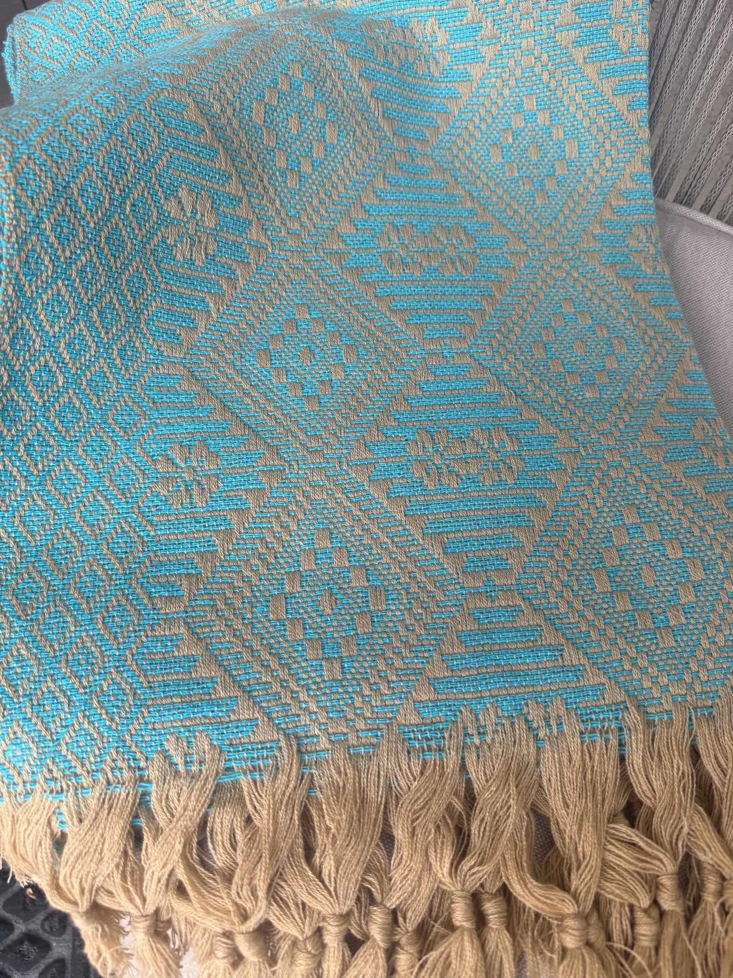 Mexican Rebozo Shawl Khaki and Turquoise Handwoven Artisan Wrap – Authentic Mexican Scarf from Puebla