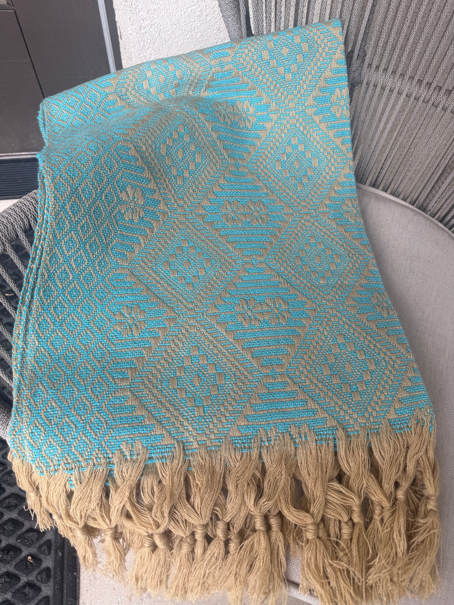Mexican Rebozo Shawl Khaki and Turquoise Handwoven Artisan Wrap – Authentic Mexican Scarf from Puebla