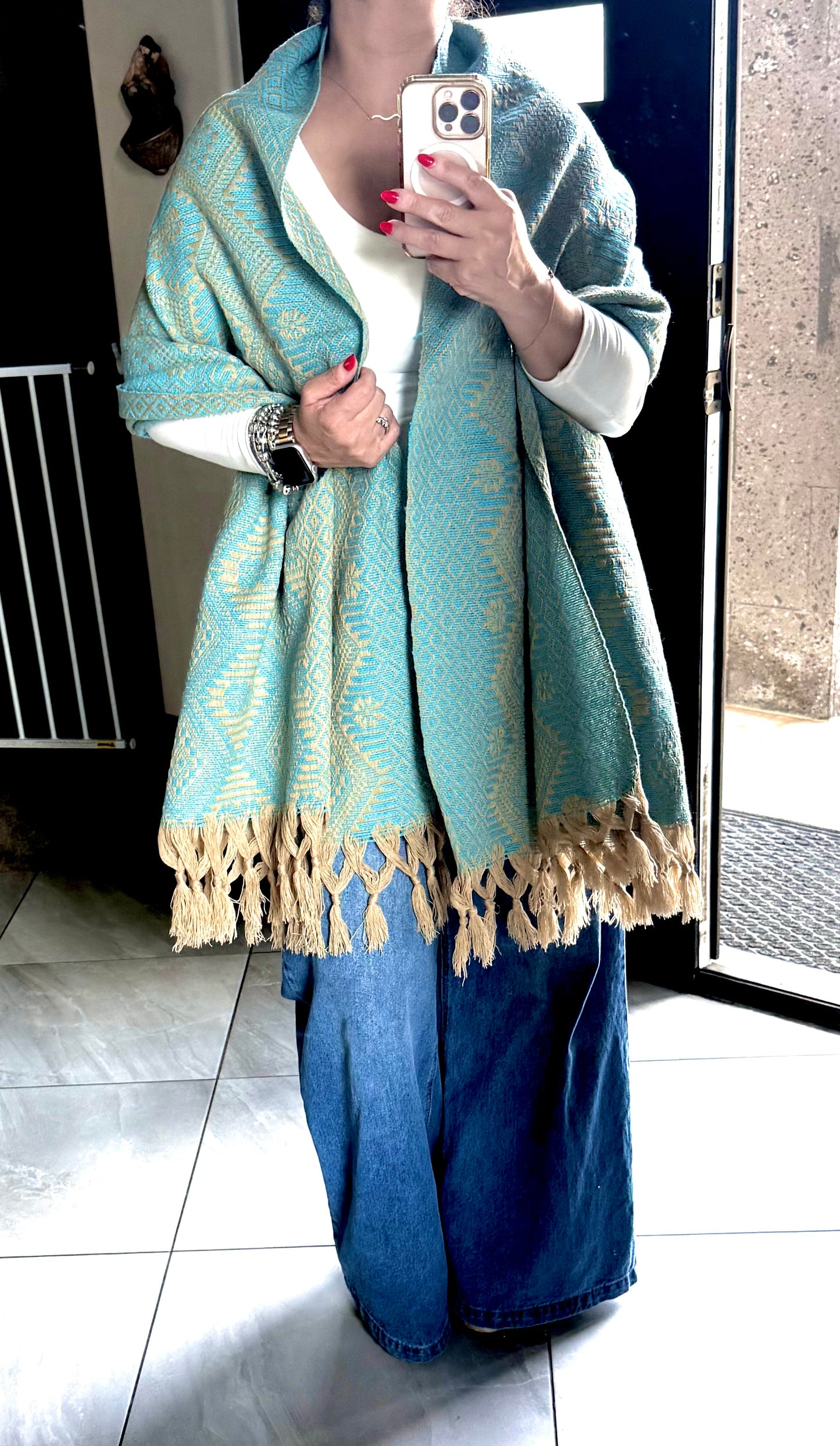 Mexican Rebozo Shawl Khaki and Turquoise Handwoven Artisan Wrap – Authentic Mexican Scarf from Puebla