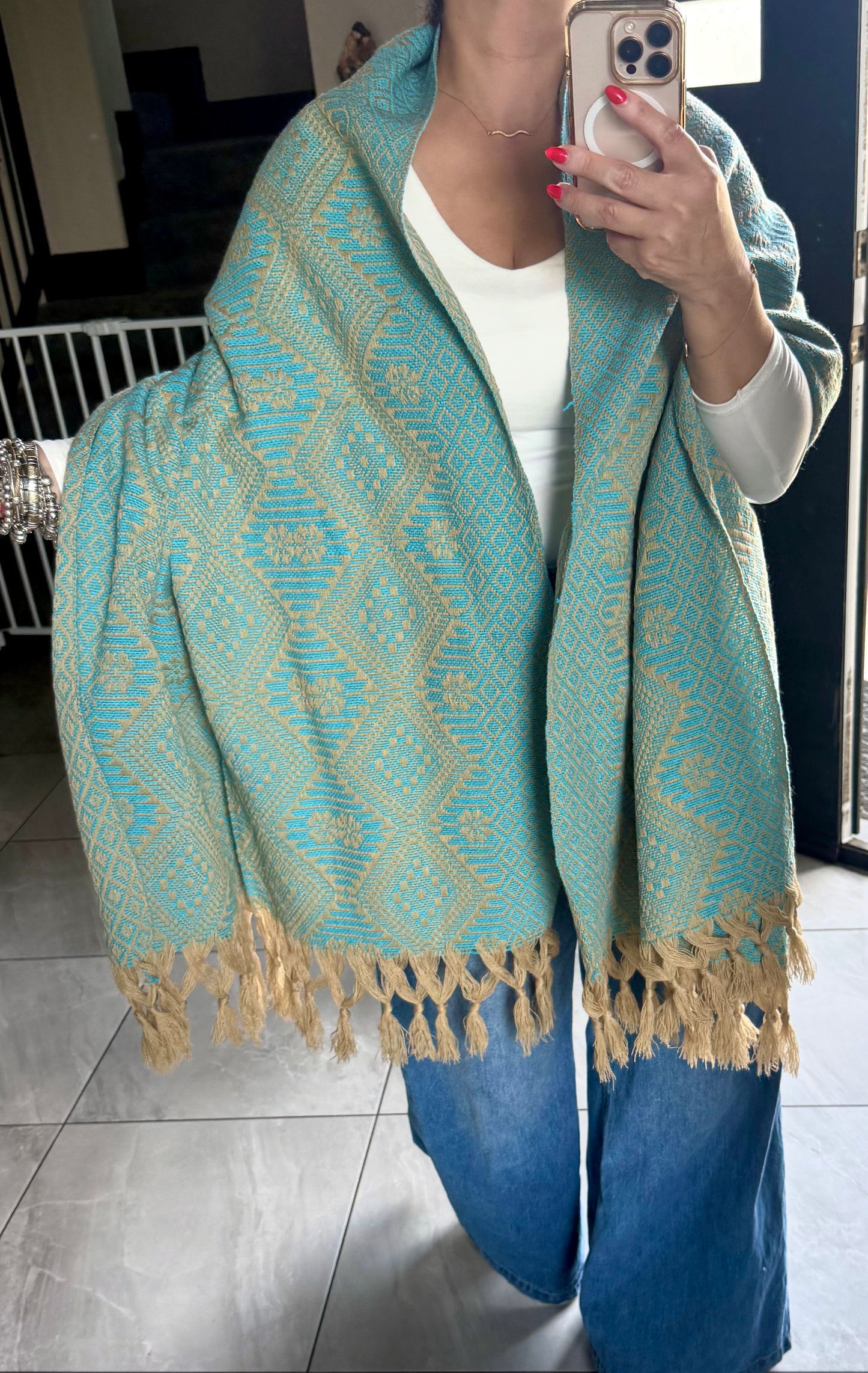 Mexican Rebozo Shawl Khaki and Turquoise Handwoven Artisan Wrap – Authentic Mexican Scarf from Puebla