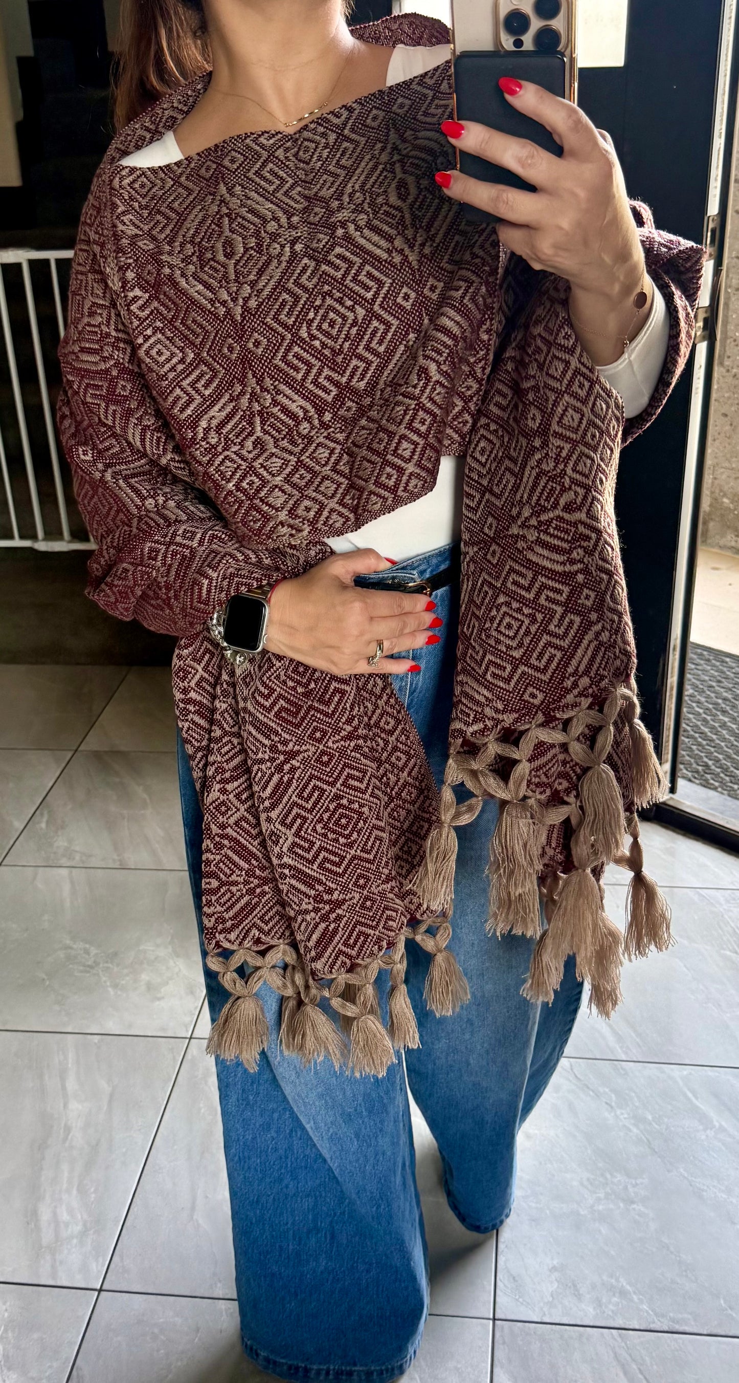 Handwoven Mexican Rebozo – Khaki and Burgundy Shawl from Puebla | 80x28 in | CasaArtMex