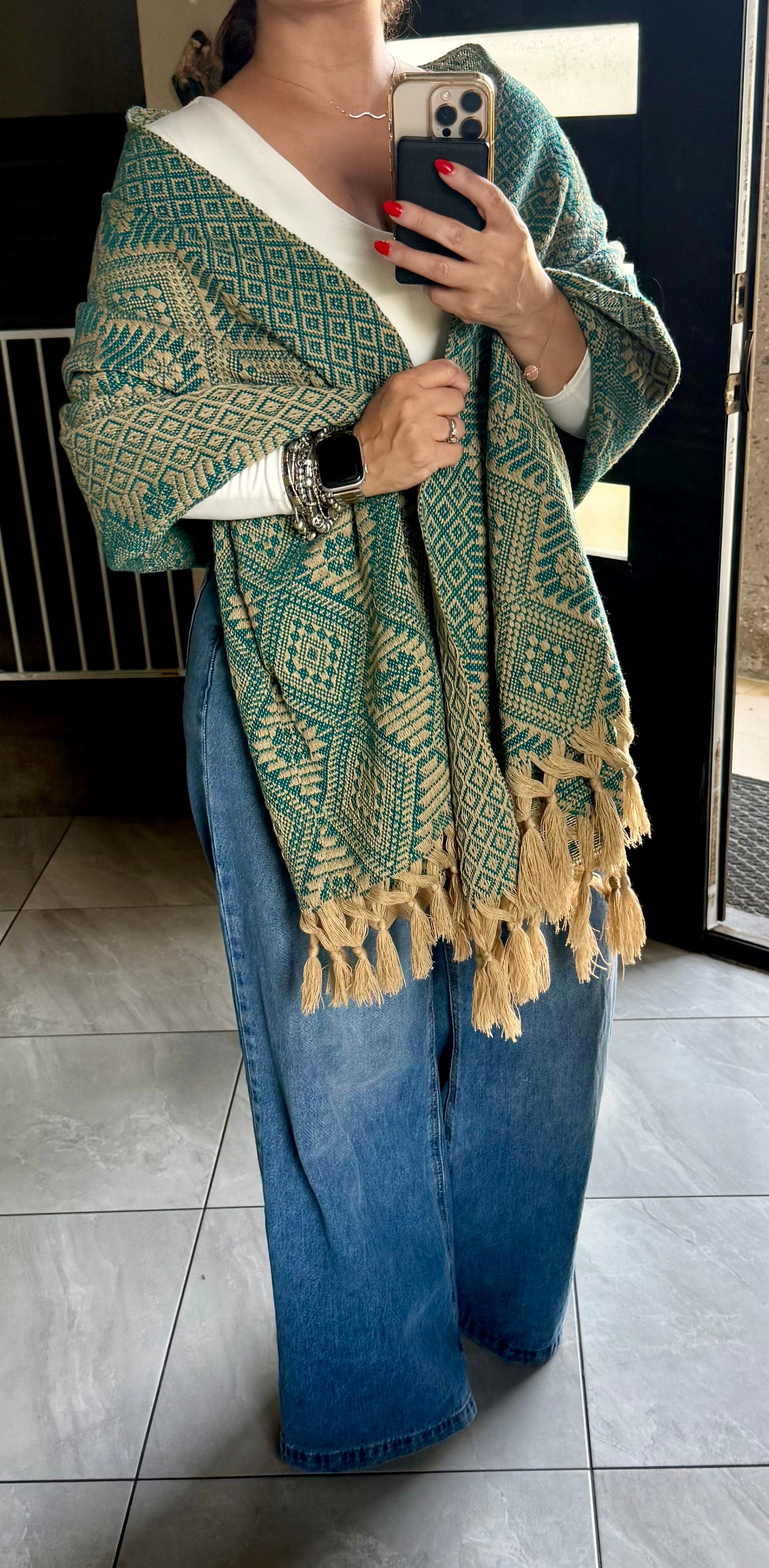 Traditional Handwoven Mexican Rebozo Shawl from Puebla | Khaki and Green | 80x28 in | CasaArtMex