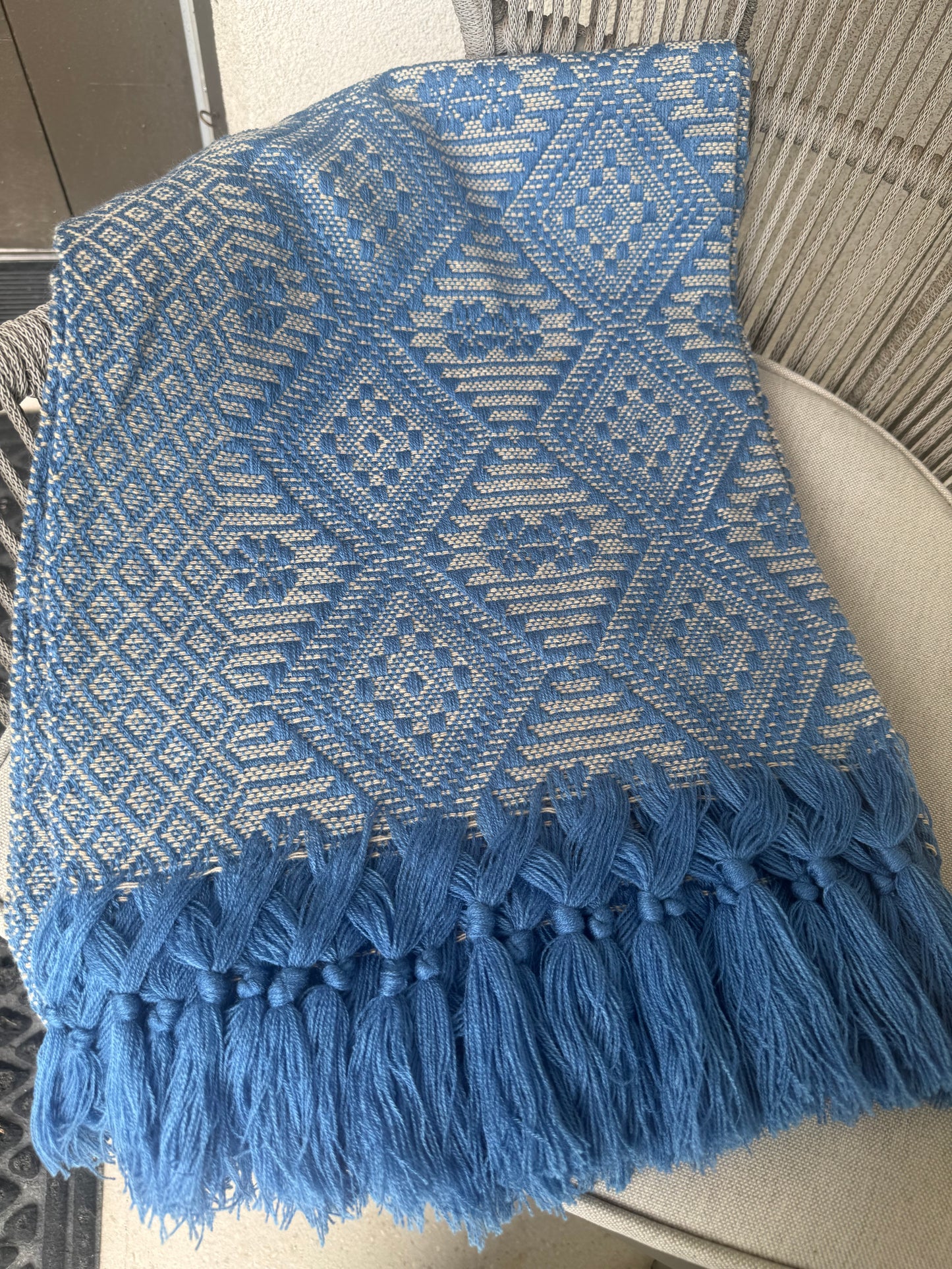 Traditional Handwoven Mexican Rebozo Shawl from Puebla | Blue & Ivory Shawl | 80x28 in | CasaArtMex (Copy)