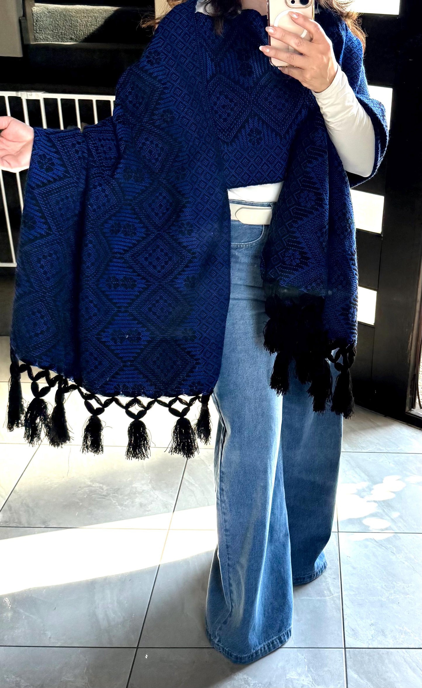 Handwoven Mexican Rebozo Shawl - Black & Blue Artisan Wrap