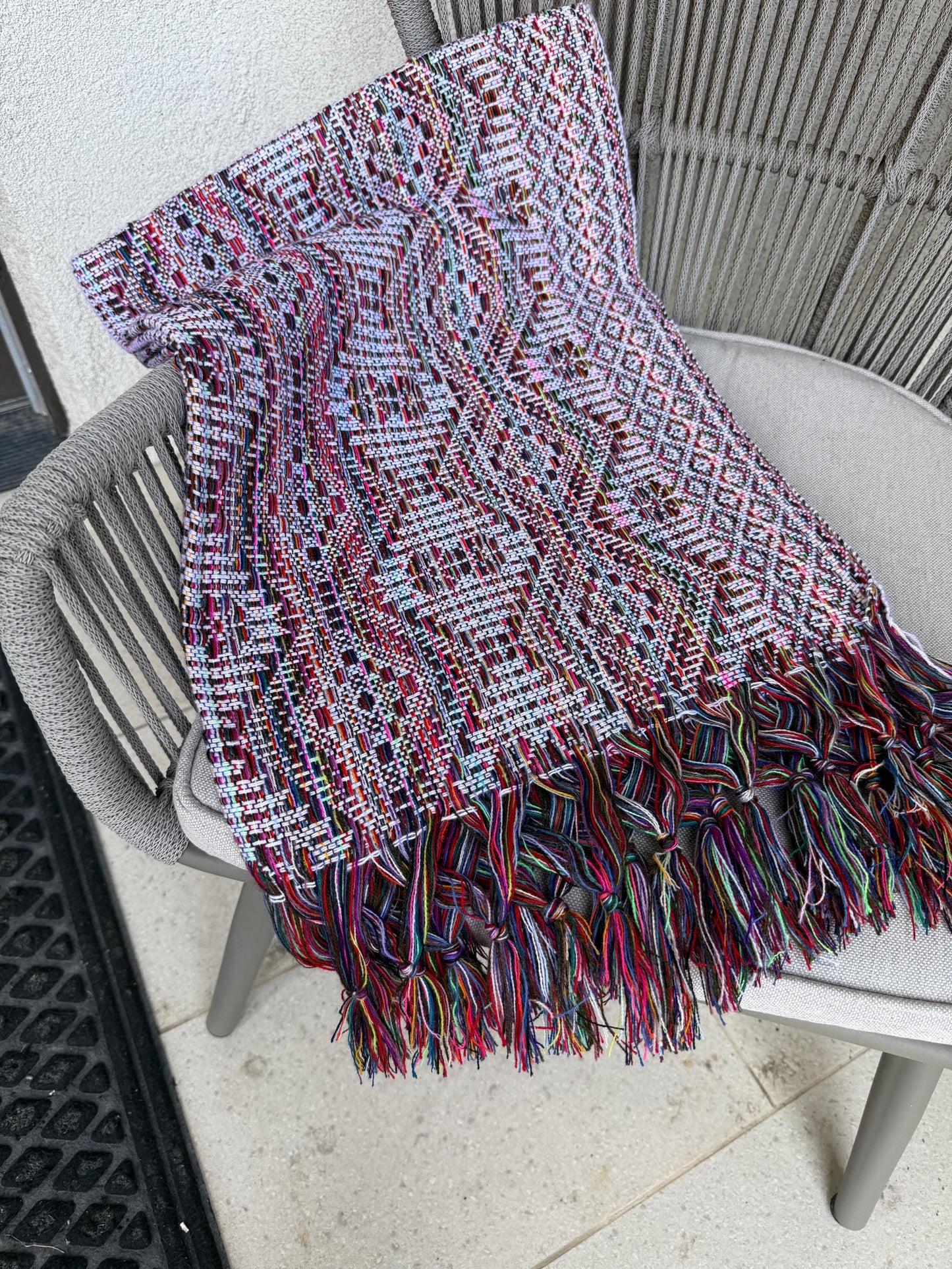 Traditional Mexican Rebozo white | multicolor | rainbow | Shawl from Puebla | Loom-Woven Shawl | 80x28 in | CasaArtMex