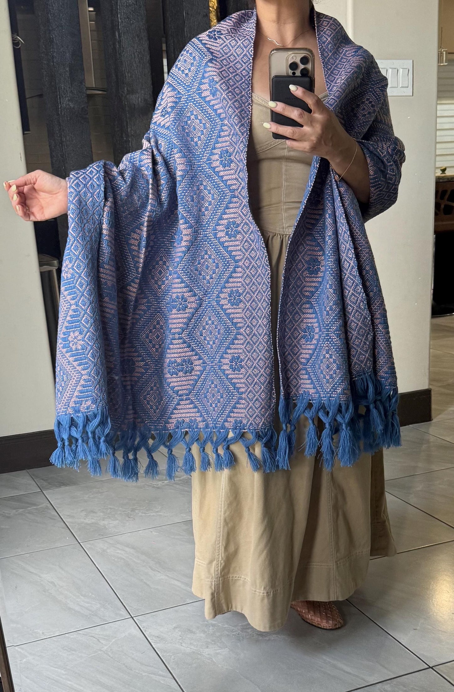 Traditional Mexican Rebozo |  blue | baby pink | Shawl from Puebla | Loom-Woven Shawl | 80x28 in | CasaArtMex