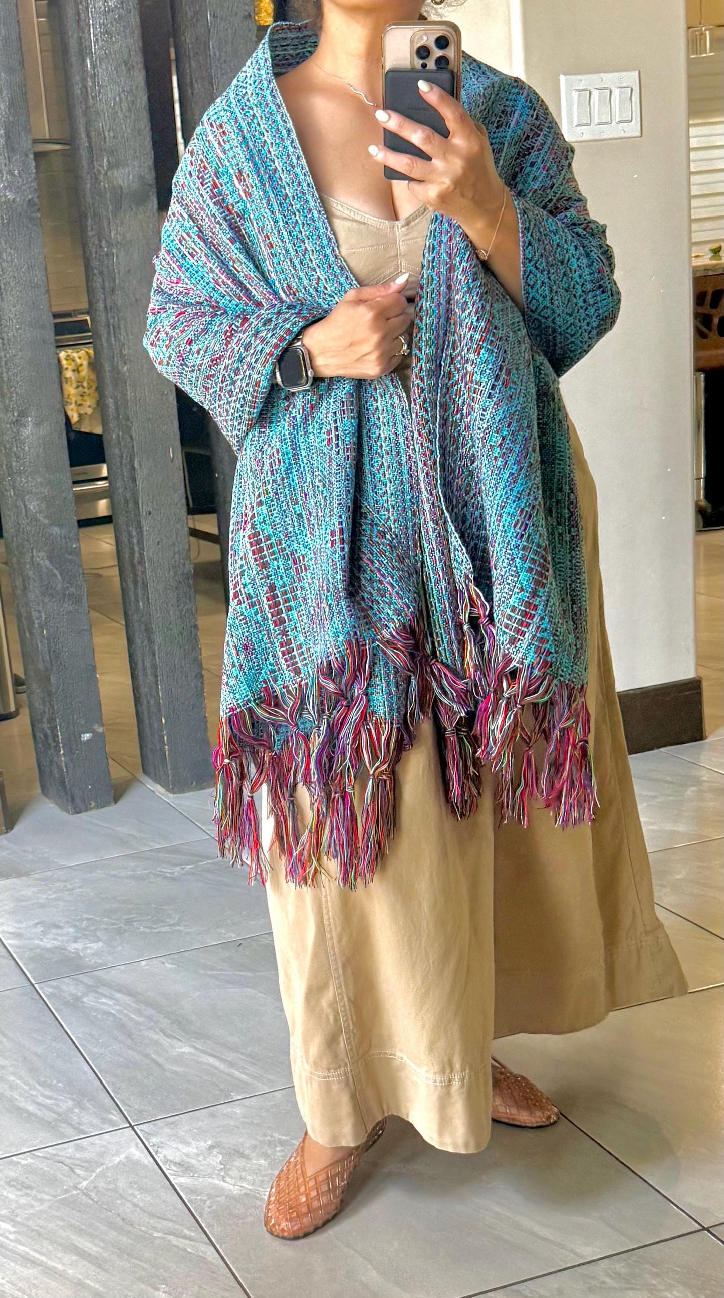Traditional Mexican Rebozo | Turquoise | Multicolor | Shawl from Puebla | Loom-Woven Shawl | 80x28 in | CasaArtMex