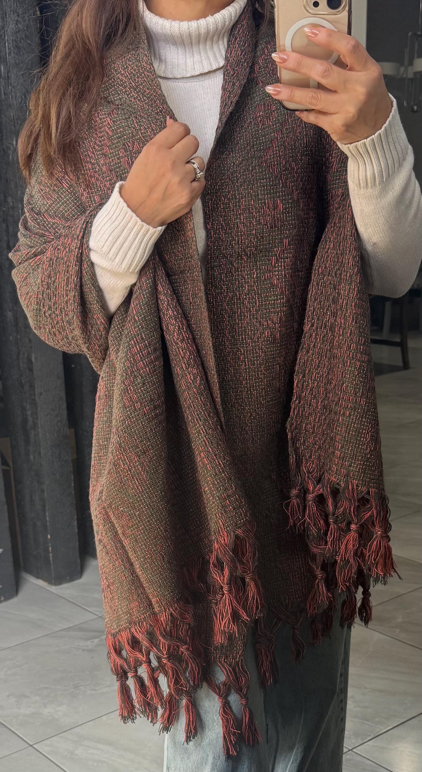 Handwoven Mexican Rebozo Shawl – Charcoal, Green & Peach, Puebla Artisan Craft