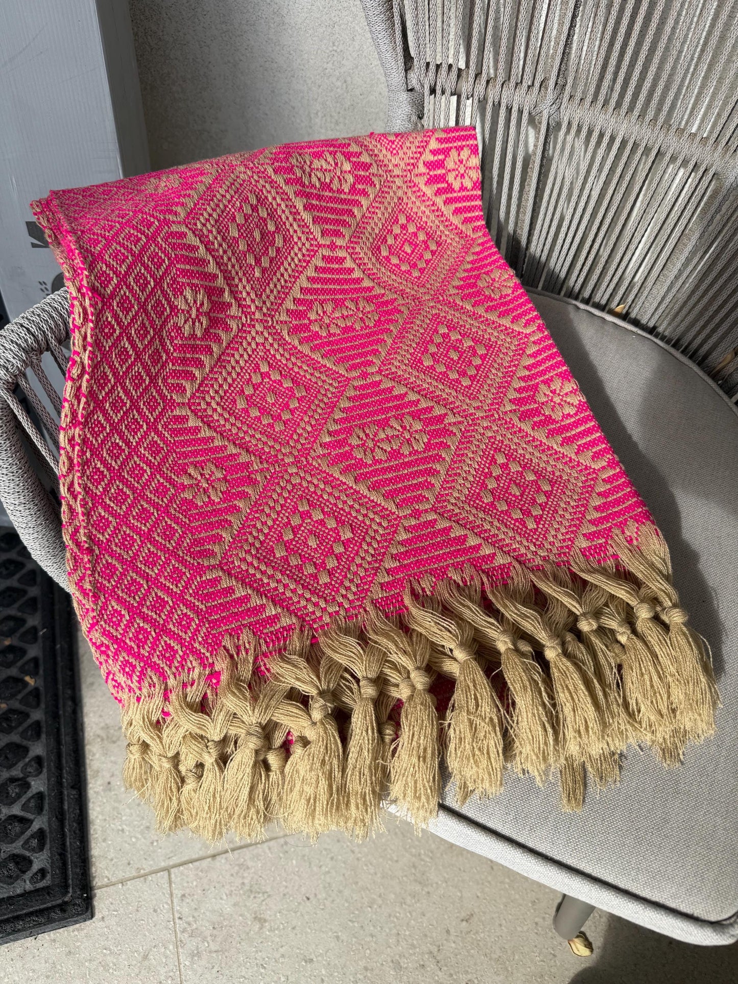 Handwoven Mexican Rebozo – Pink  | khaki |  Shawl from Puebla | 80x28 in | CasaArtMex rare to find