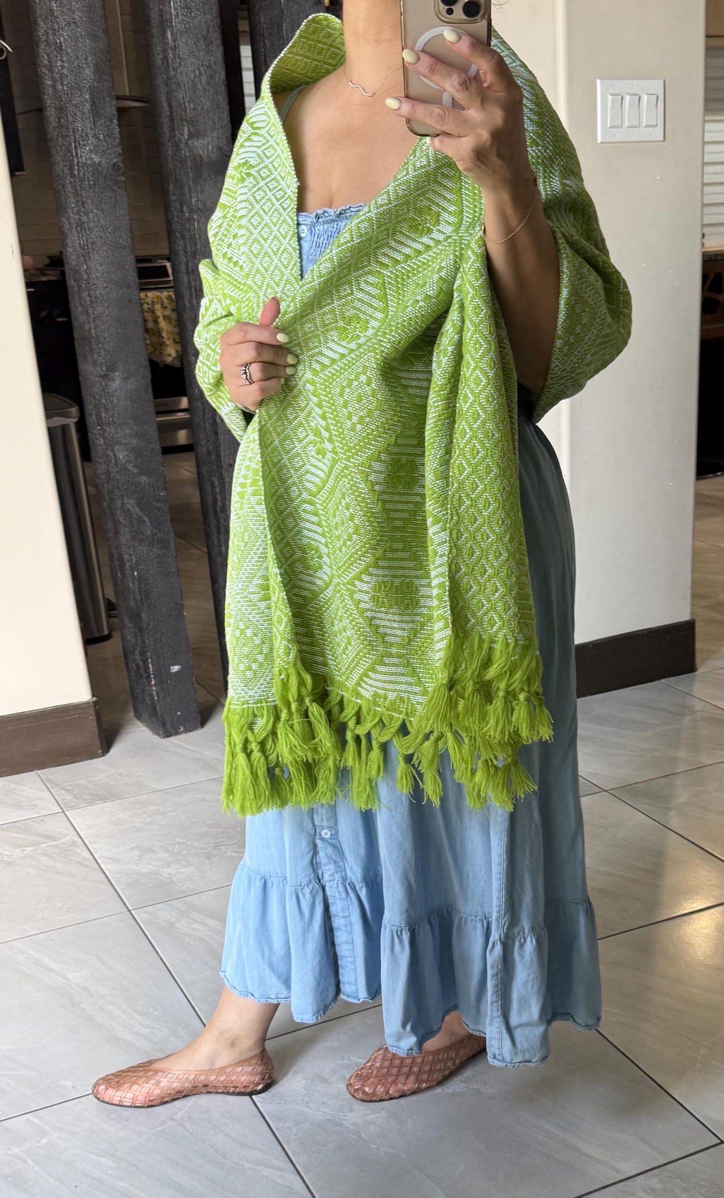 Traditional Mexican Rebozo green | white | Shawl from Puebla | Loom-Woven Shawl | 80x28 in | CasaArtMex