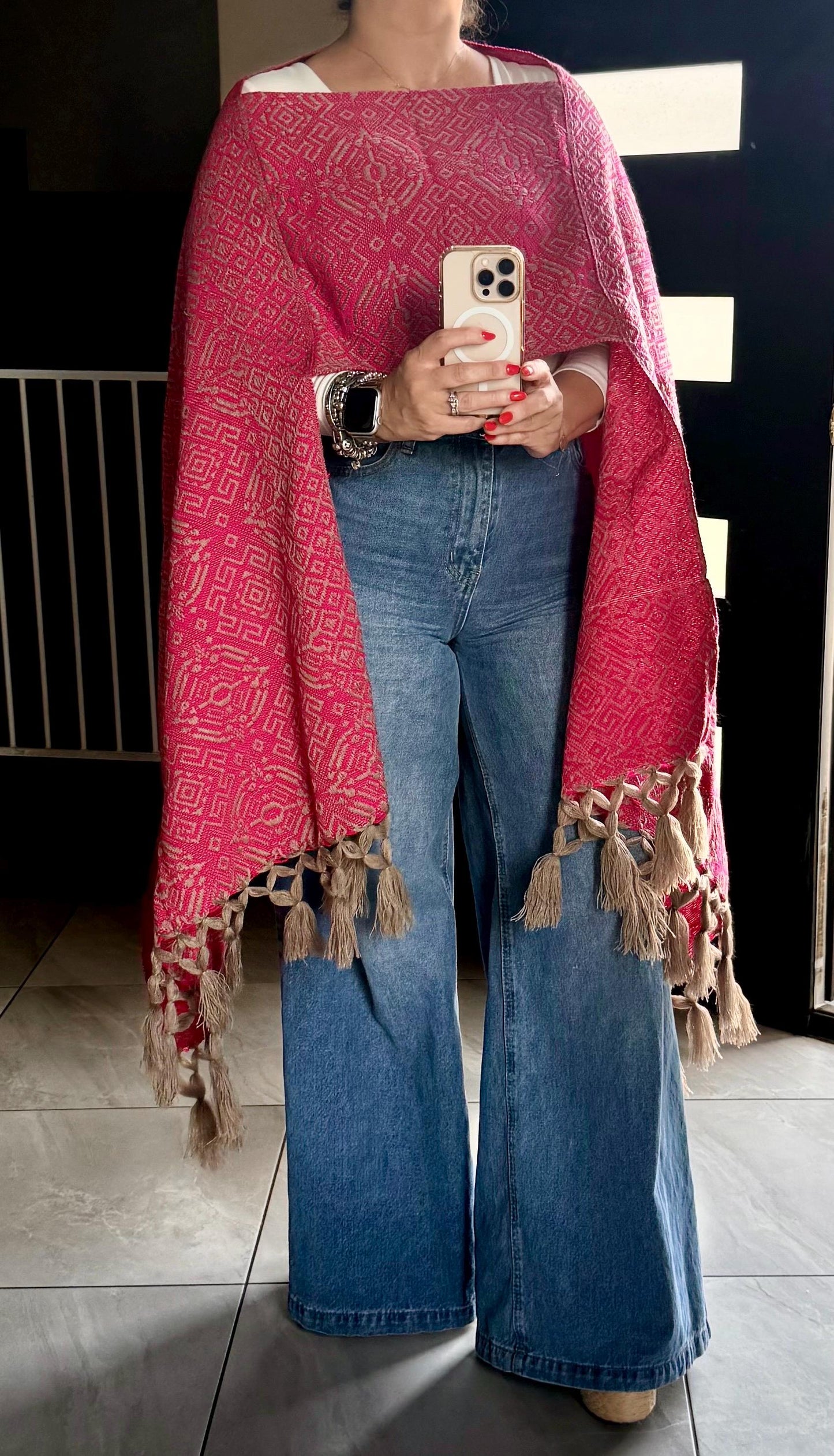 Mexican Rebozo Shawl Pink & Khaki – Handwoven Artisan Wrap – Authentic Mexican Scarf from Puebla with front panel ( pechera)