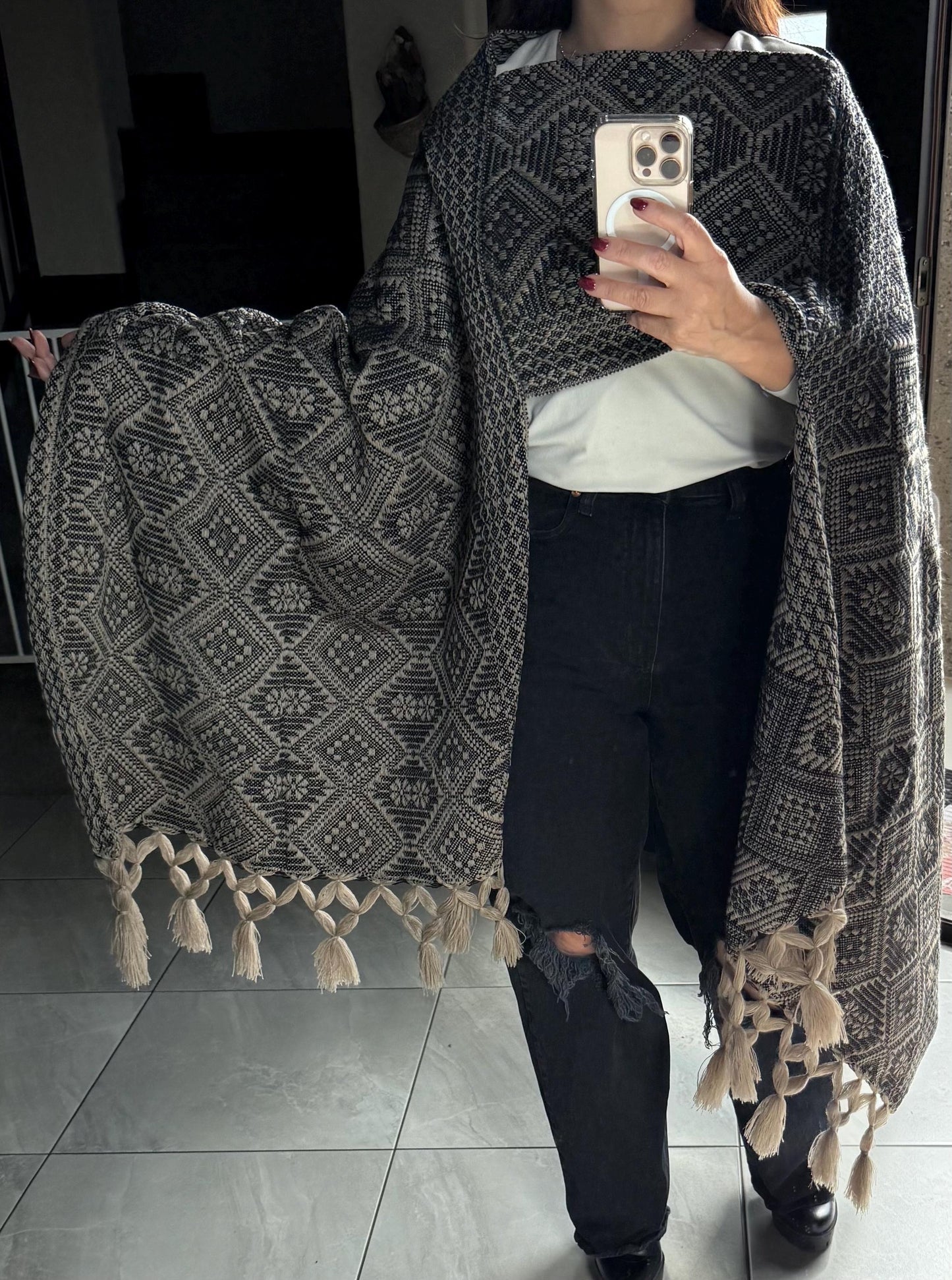 Handwoven Mexican Rebozo – Khaki & Black Shawl from Puebla | 80x28 in | CasaArtMex