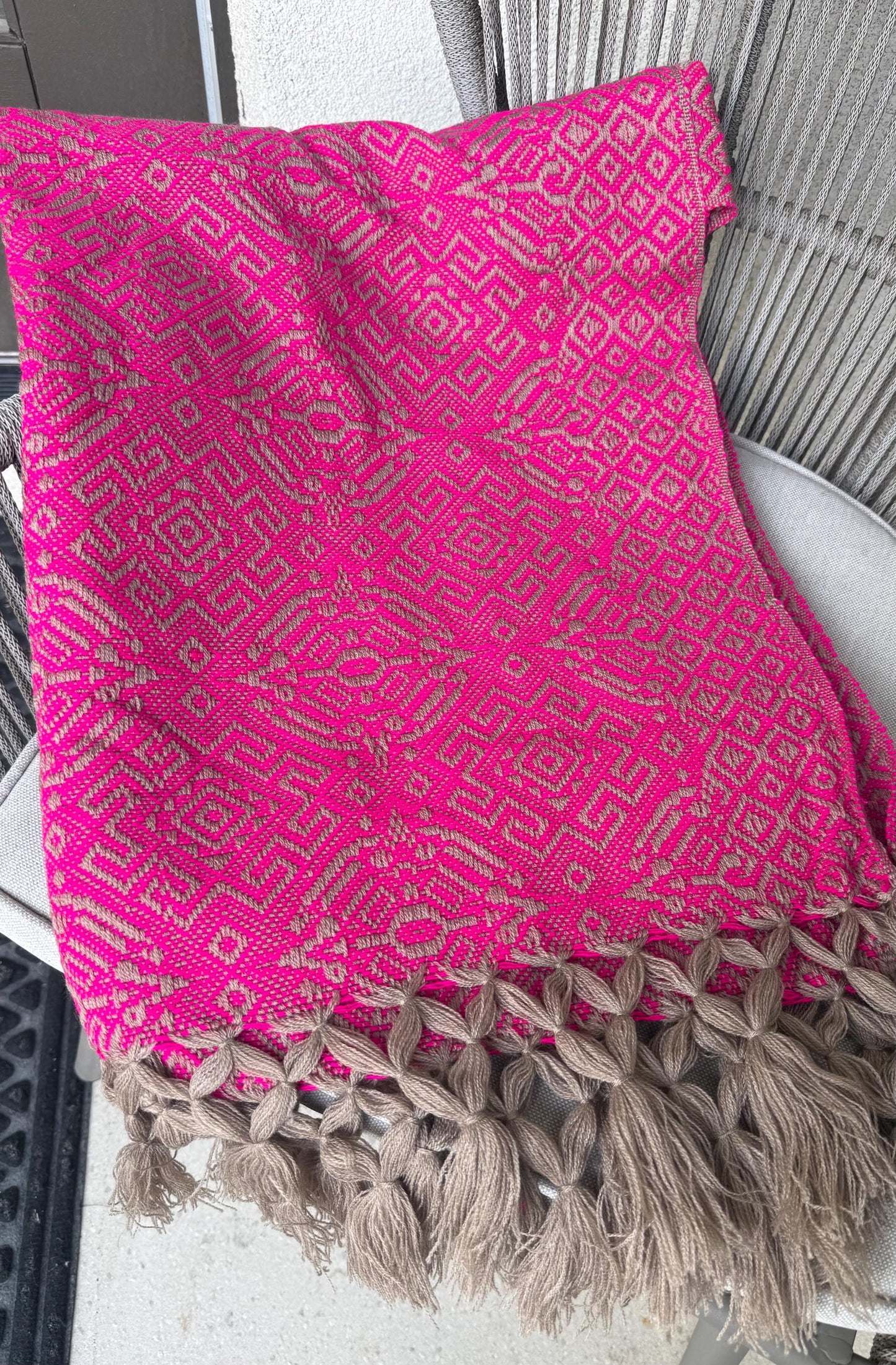 Mexican Rebozo Shawl Pink & Khaki – Handwoven Artisan Wrap – Authentic Mexican Scarf from Puebla with front panel ( pechera)