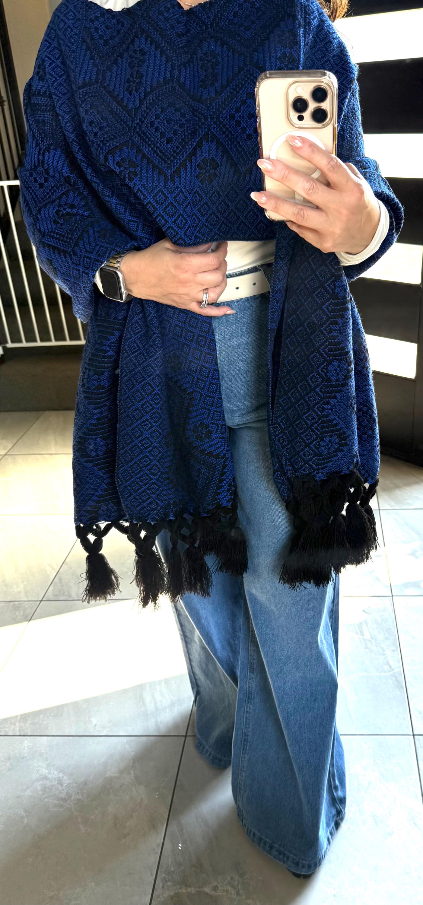 Handwoven Mexican Rebozo Shawl - Black & Blue Artisan Wrap