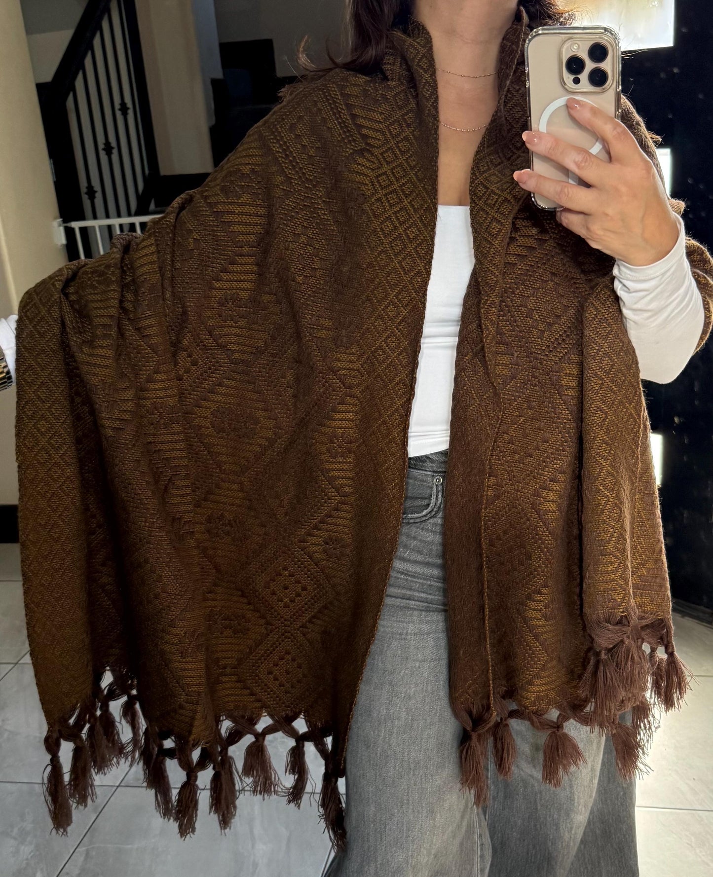Handwoven Mexican Rebozo Shawl | Brown & Yellow Loom-Woven Wrap