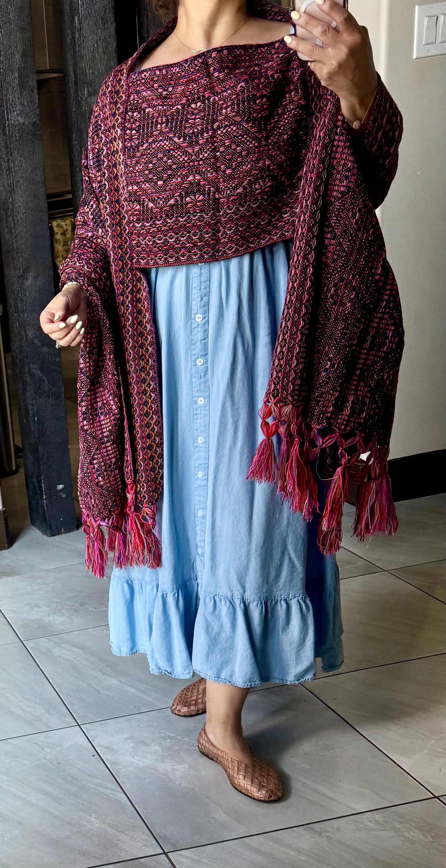 Mexican Rebozo with front panel – Black Multicolor Shawl from Puebla | 80x28 in | CasaArtMex