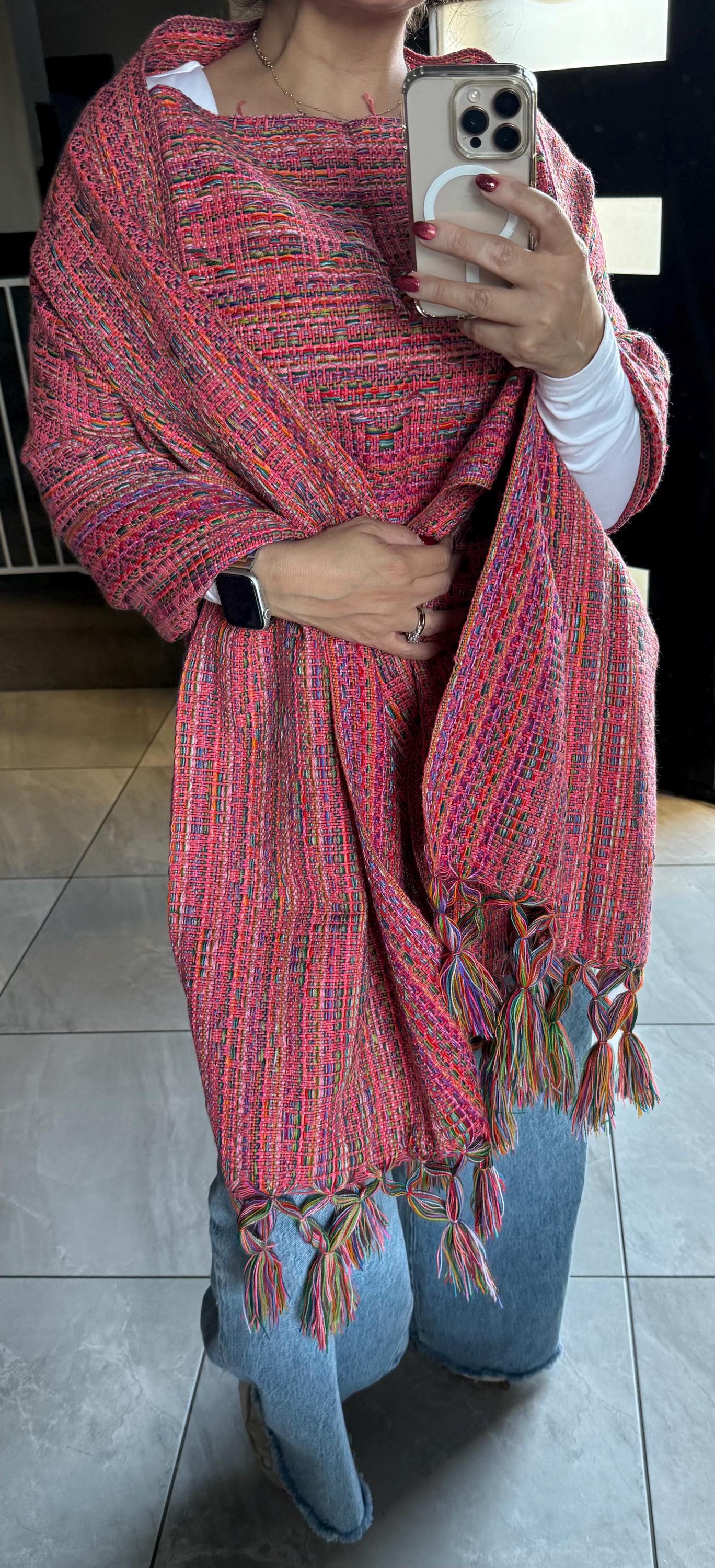 Mexican Rebozo Shawl with panel – Pink Multicolor Artisan Wrap from Puebla