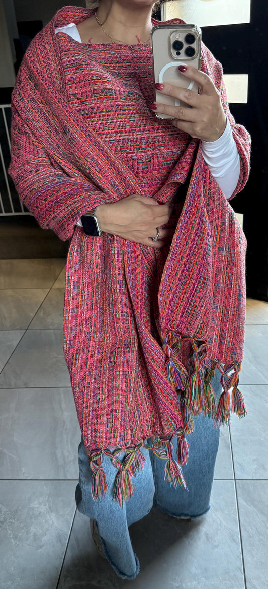 Mexican Rebozo Shawl with panel – Pink Multicolor Artisan Wrap from Puebla