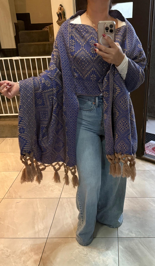 Handwoven Mexican Rebozo – Royal Blue  & Khaki Shawl from Puebla | 80x28 in | CasaArtMex