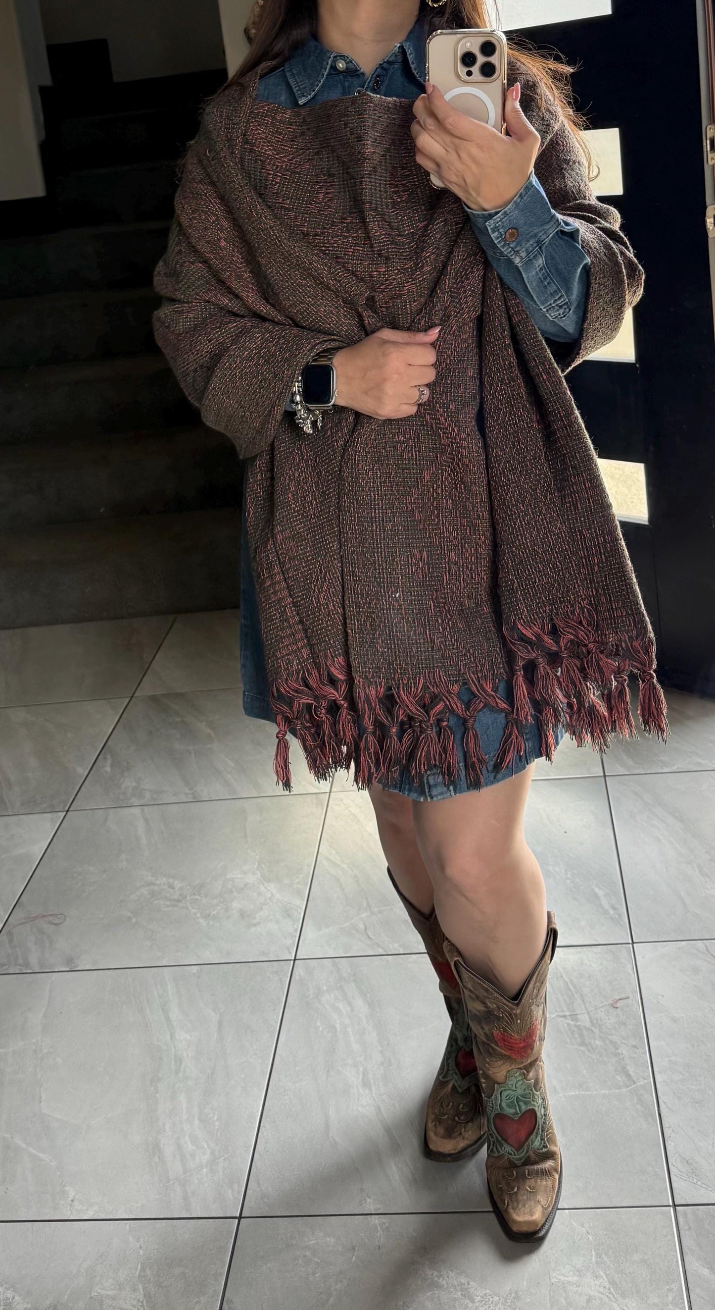 Handwoven Mexican Rebozo Shawl with pechera – Charcoal | Green | Peach | Puebla Artisan Craft