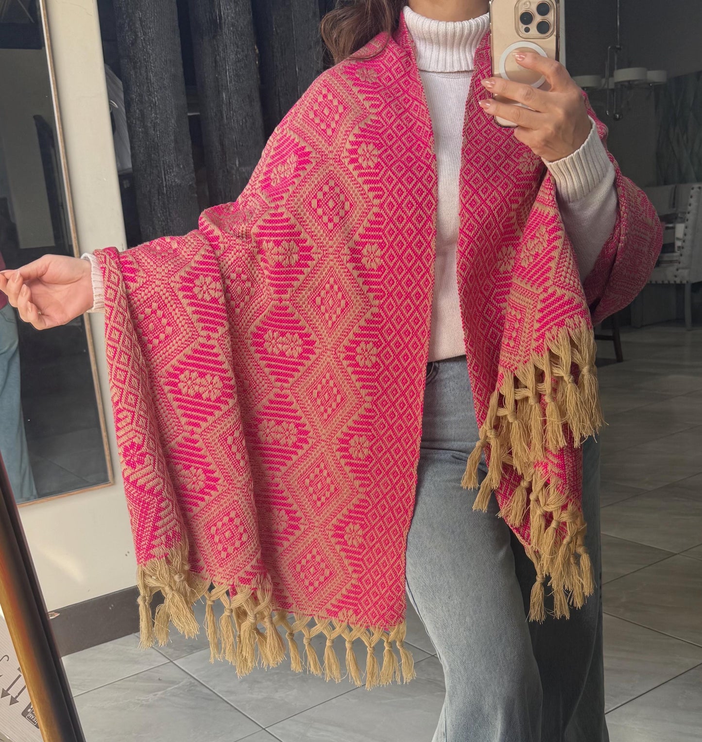 Handwoven Mexican Rebozo – Pink  | khaki |  Shawl from Puebla | 80x28 in | CasaArtMex rare to find