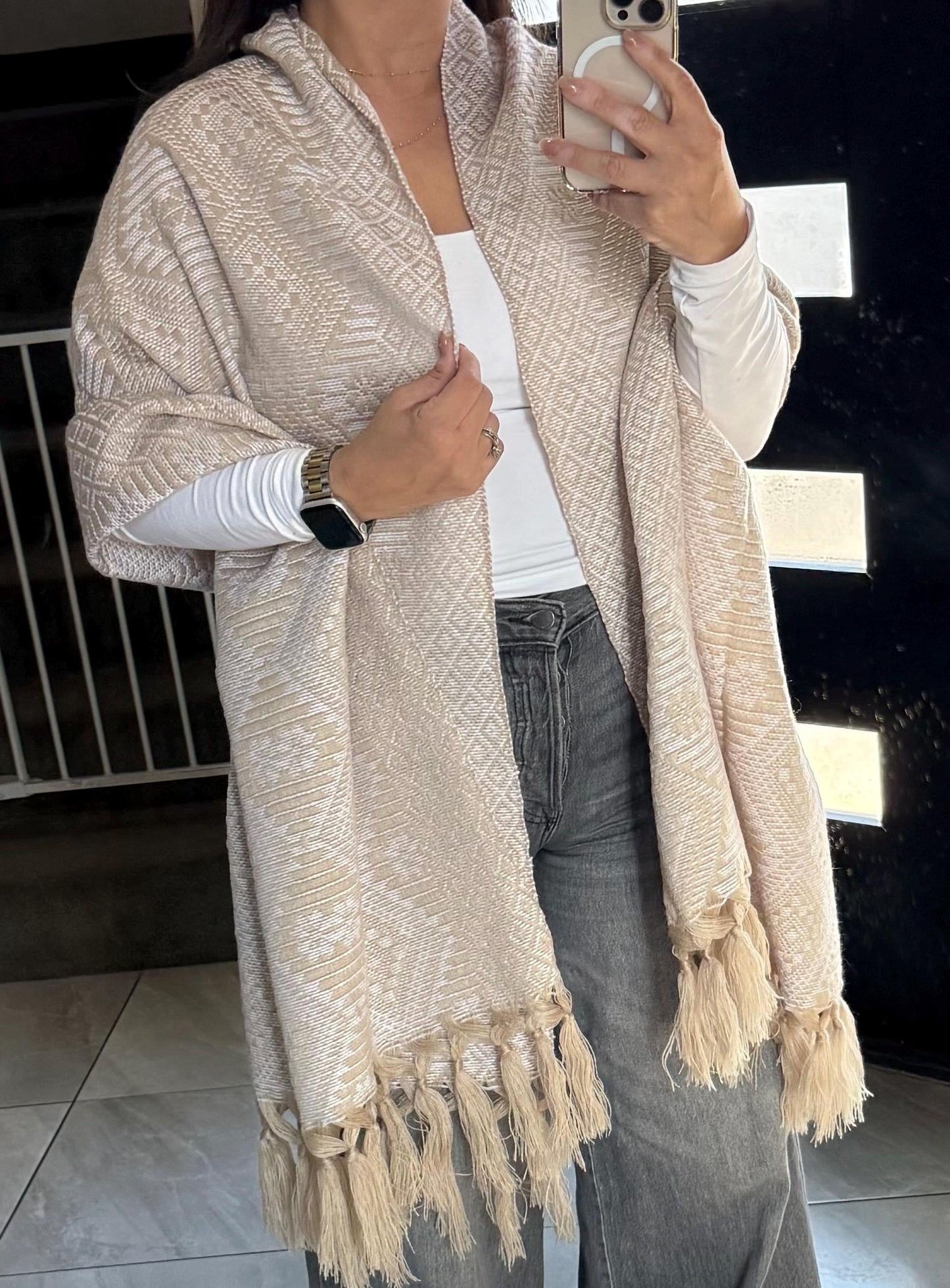 Traditional Handwoven Mexican Rebozo Khaki & White Shawl from Puebla | Loom-Woven Shawl | 80x28 in | CasaArtMex