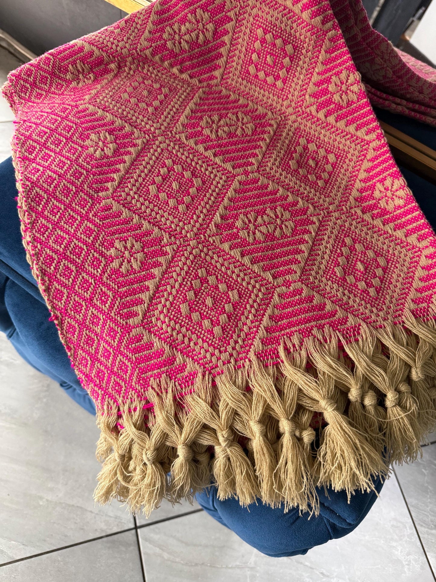Handwoven Mexican Rebozo – Pink  | khaki |  Shawl from Puebla | 80x28 in | CasaArtMex rare to find