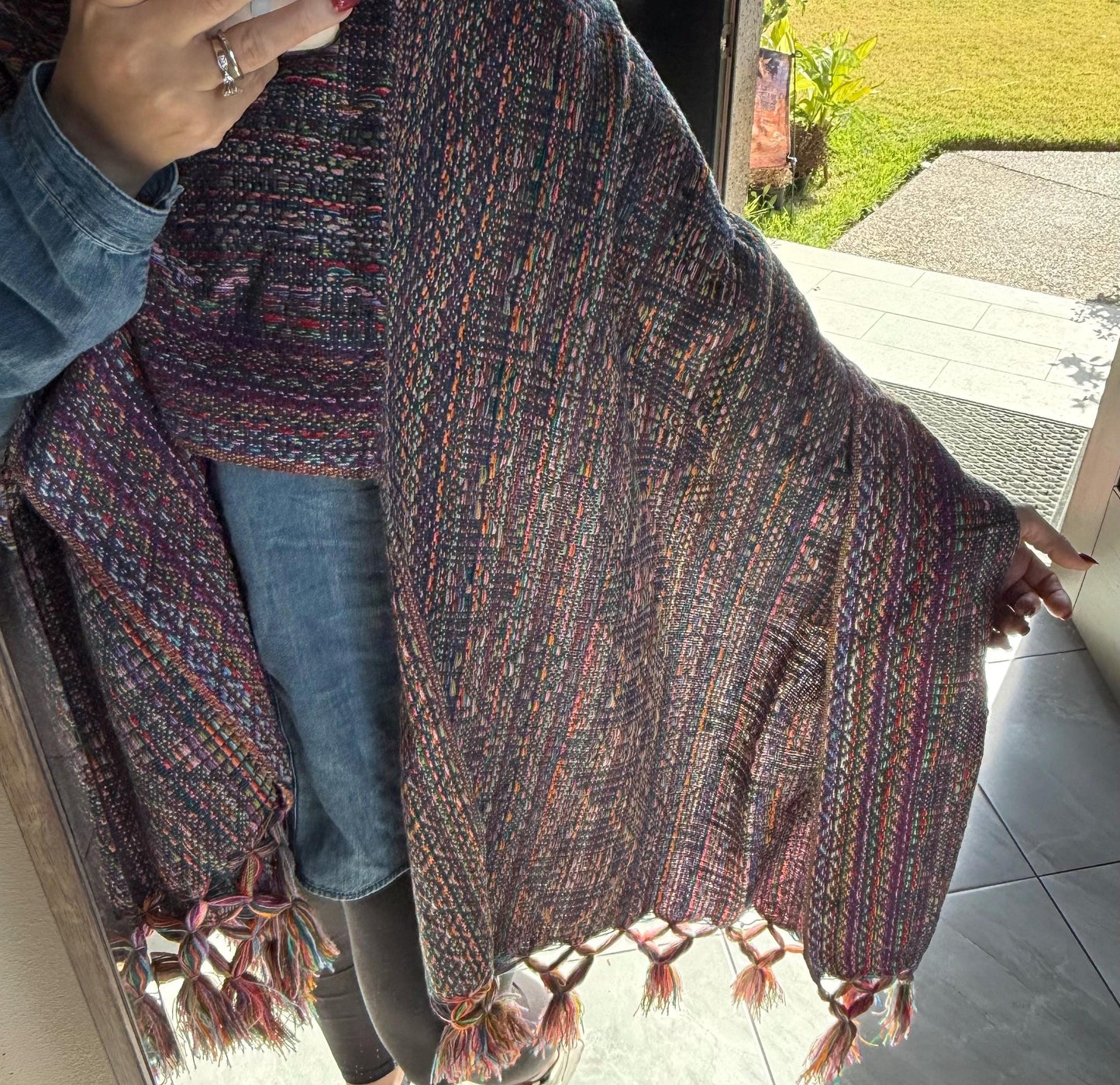 Mexican Rebozo with front panel – Dark Blue |  Multicolor Shawl from Puebla | 80x28 in | CasaArtMex