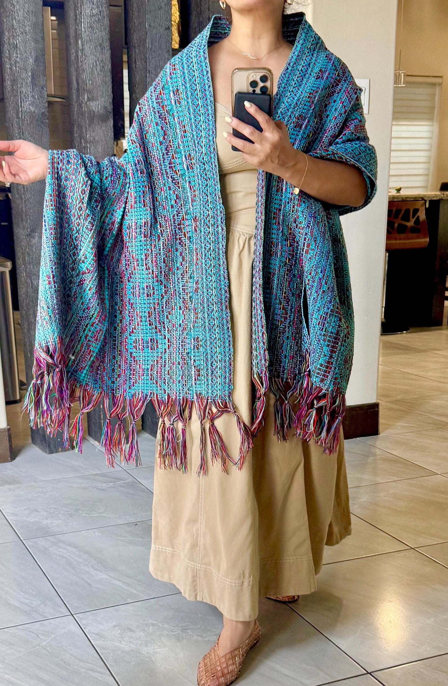 Traditional Mexican Rebozo | Turquoise | Multicolor | Shawl from Puebla | Loom-Woven Shawl | 80x28 in | CasaArtMex
