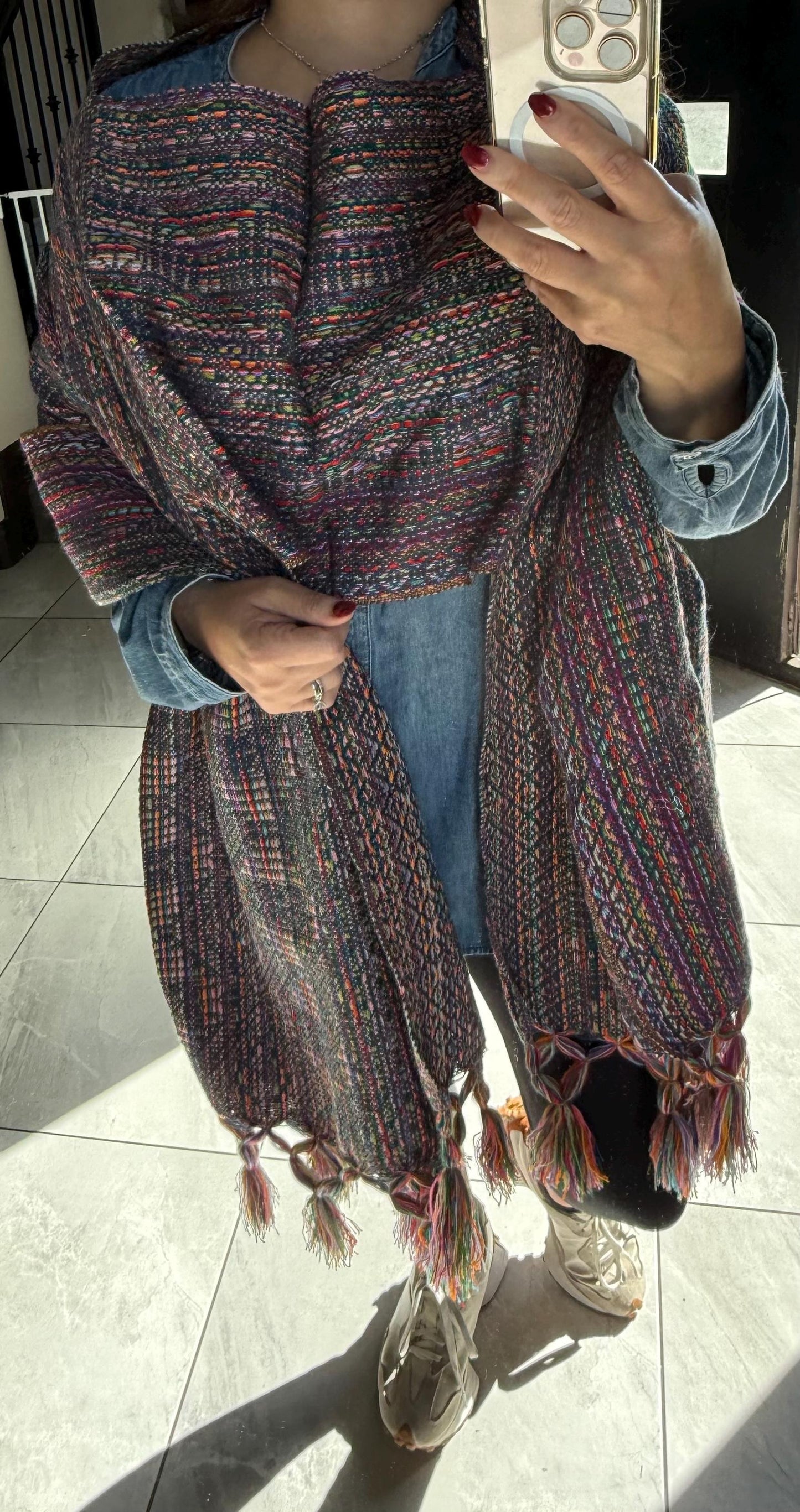 Mexican Rebozo with front panel – Dark Blue |  Multicolor Shawl from Puebla | 80x28 in | CasaArtMex