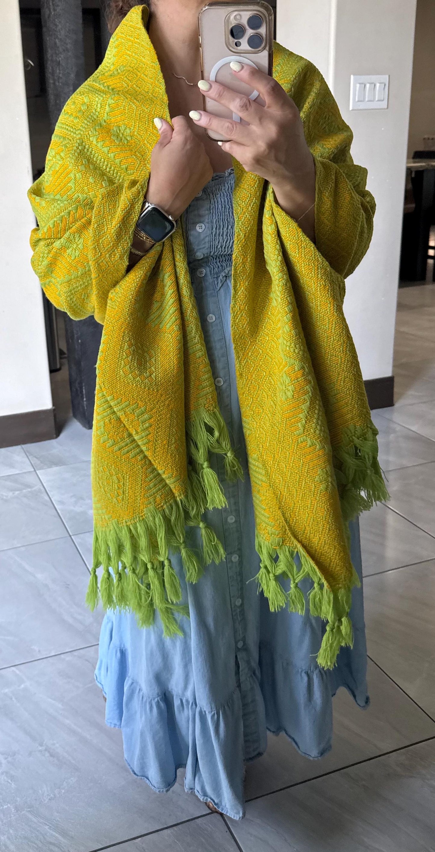 Handwoven Mexican Rebozo Shawl | Green | Cempasúchil Yellow,