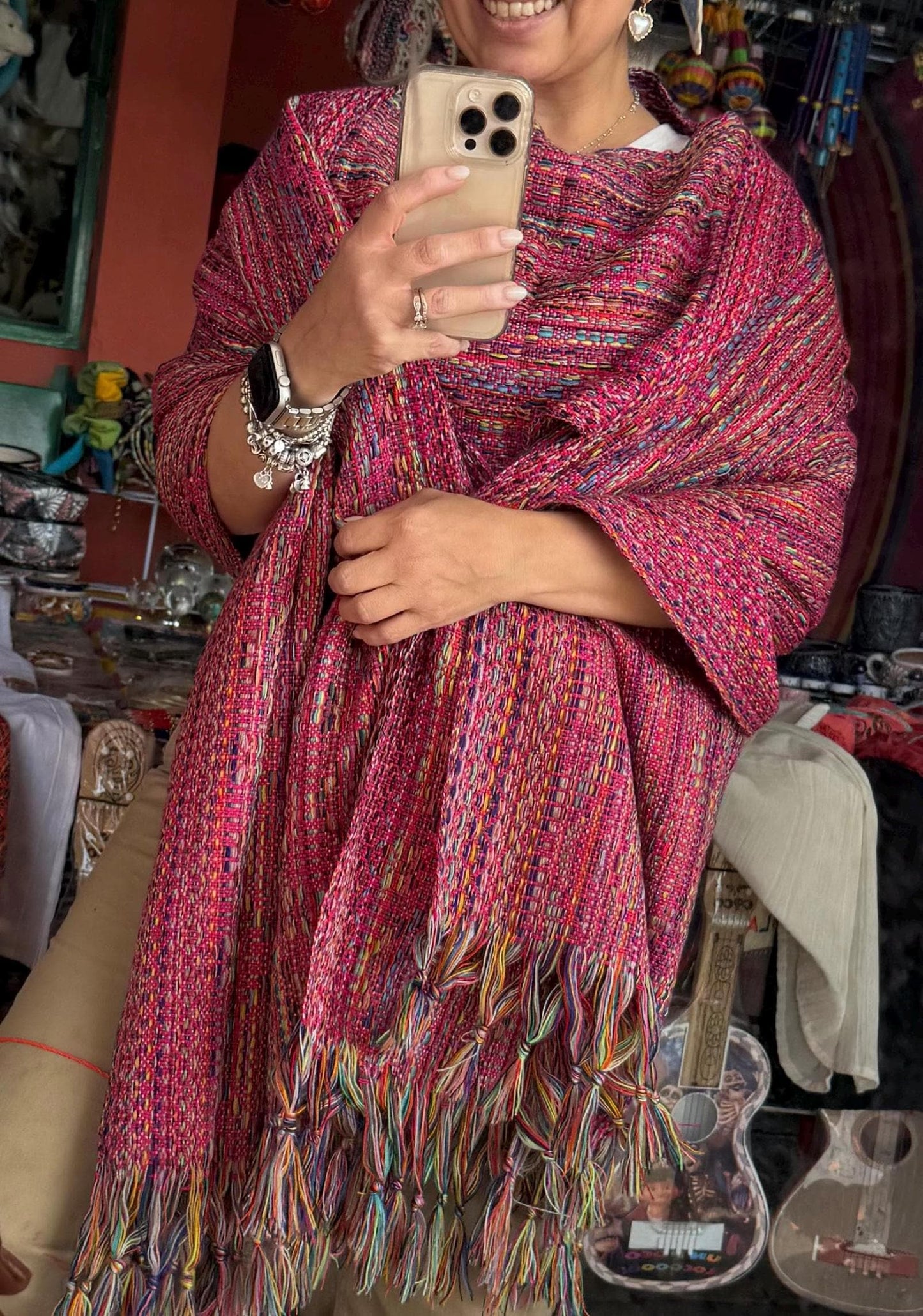 Mexican Rebozo  with front panel – Rosa Mexicano | Multicolor Shawl from Puebla | 80x28 in | CasaArtMex