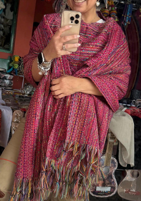 Mexican Rebozo  with front panel – Rosa Mexicano | Multicolor Shawl from Puebla | 80x28 in | CasaArtMex