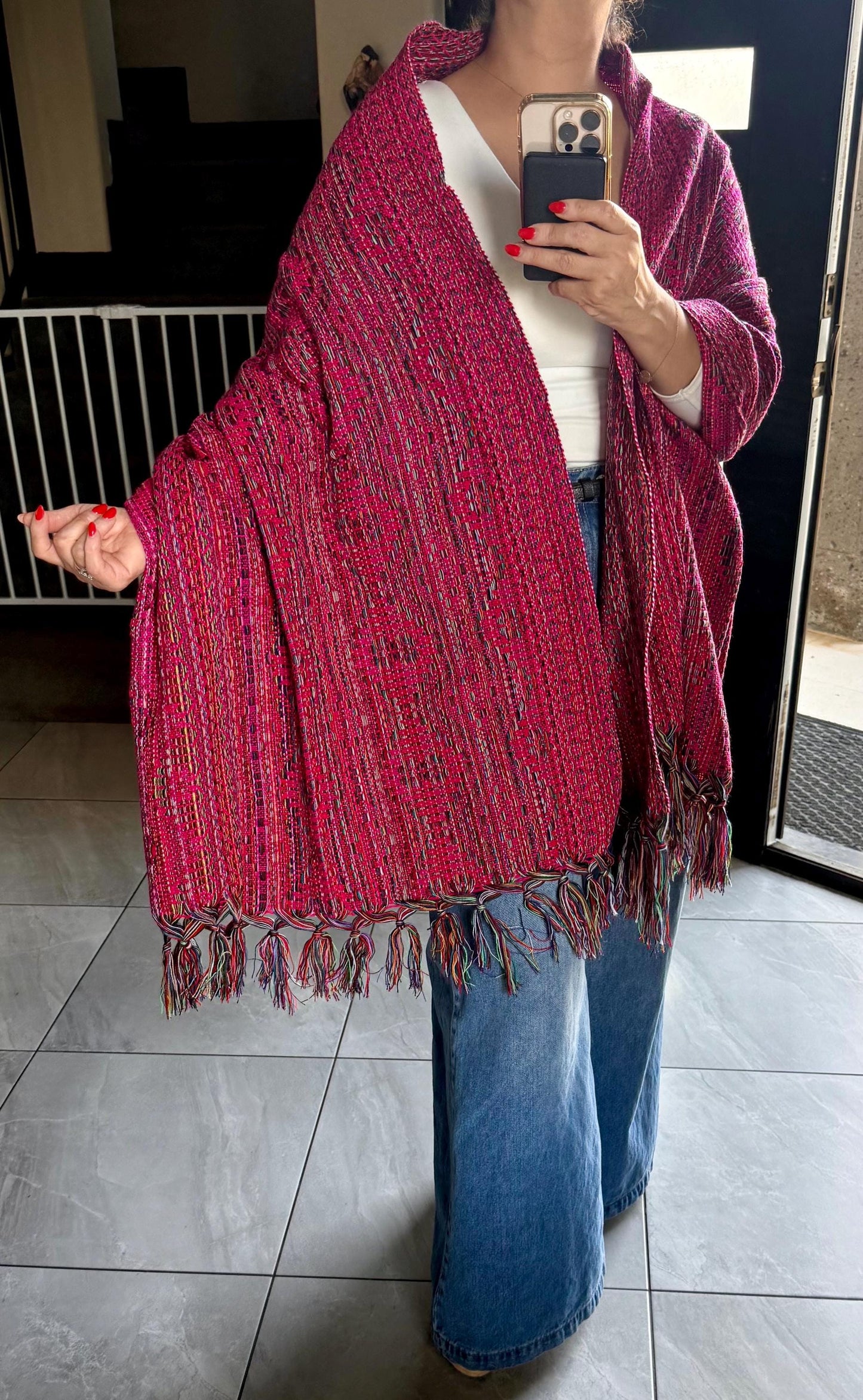 Mexican Rebozo  with front panel – Rosa Mexicano | Multicolor Shawl from Puebla | 80x28 in | CasaArtMex